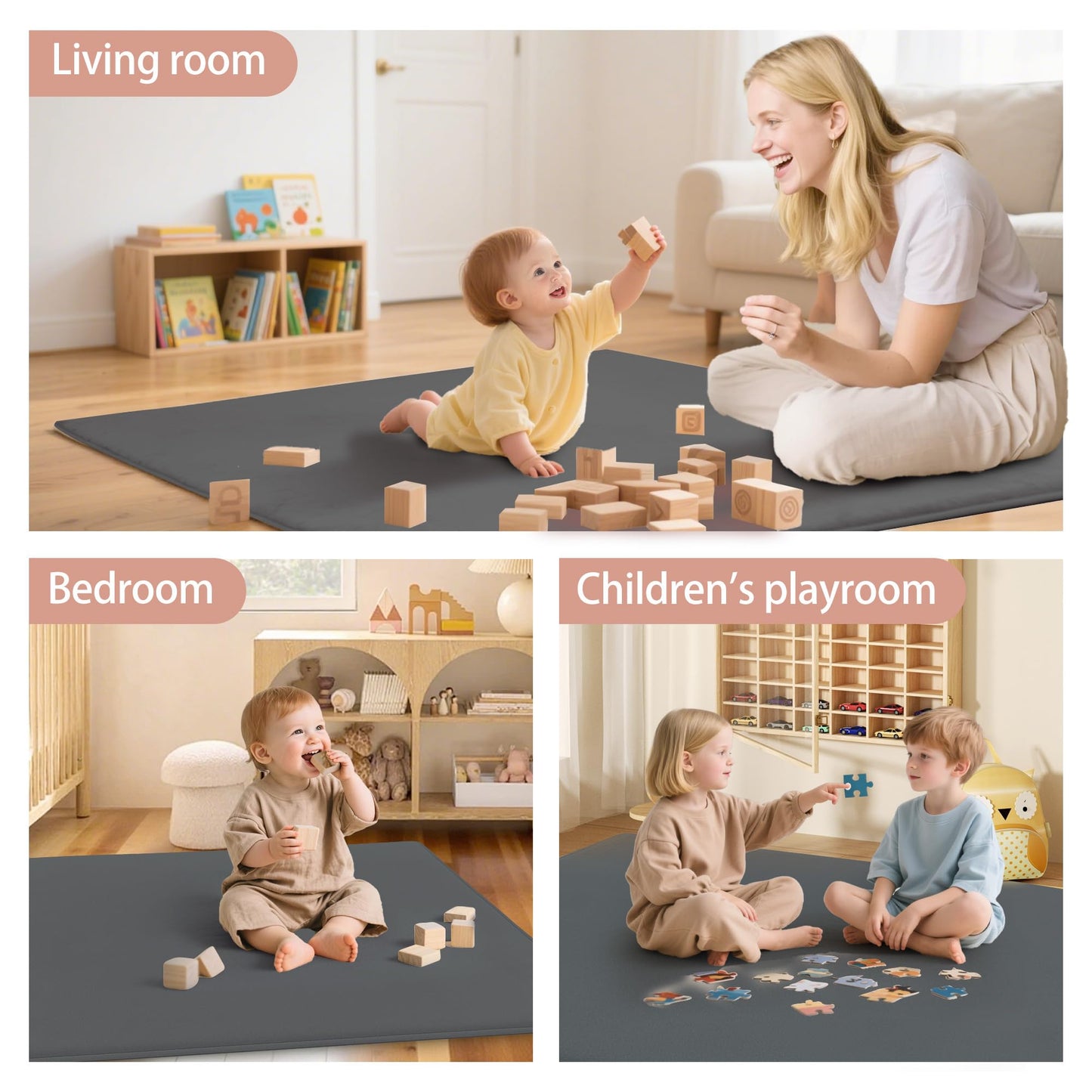 PapaMama 1.3" Thick Baby Play Mat for Floor Playpen, 50x50 Foam Tummy Time Mat, Padded Support Soft Plush Nursery Rug for Infant Kids Toddler Crawling Kick Activity (Dark Grey)