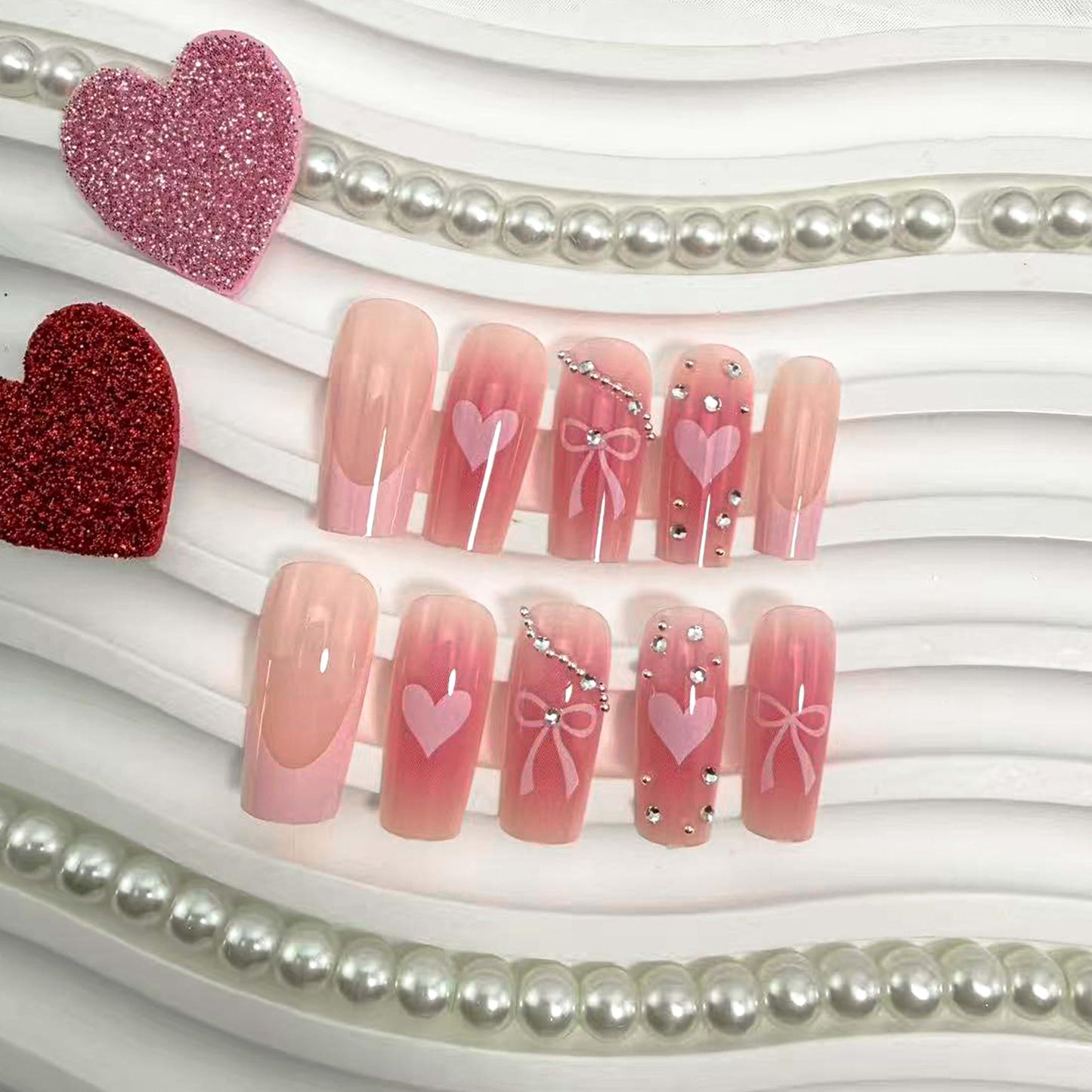 24Pcs French Tip Press on Nails Medium Square Fake Nails Heart Bow Design with Rhinestones Glue on Nails Valentines Glossy False Nails for Women Valentines Nail Decoration for Women Gift