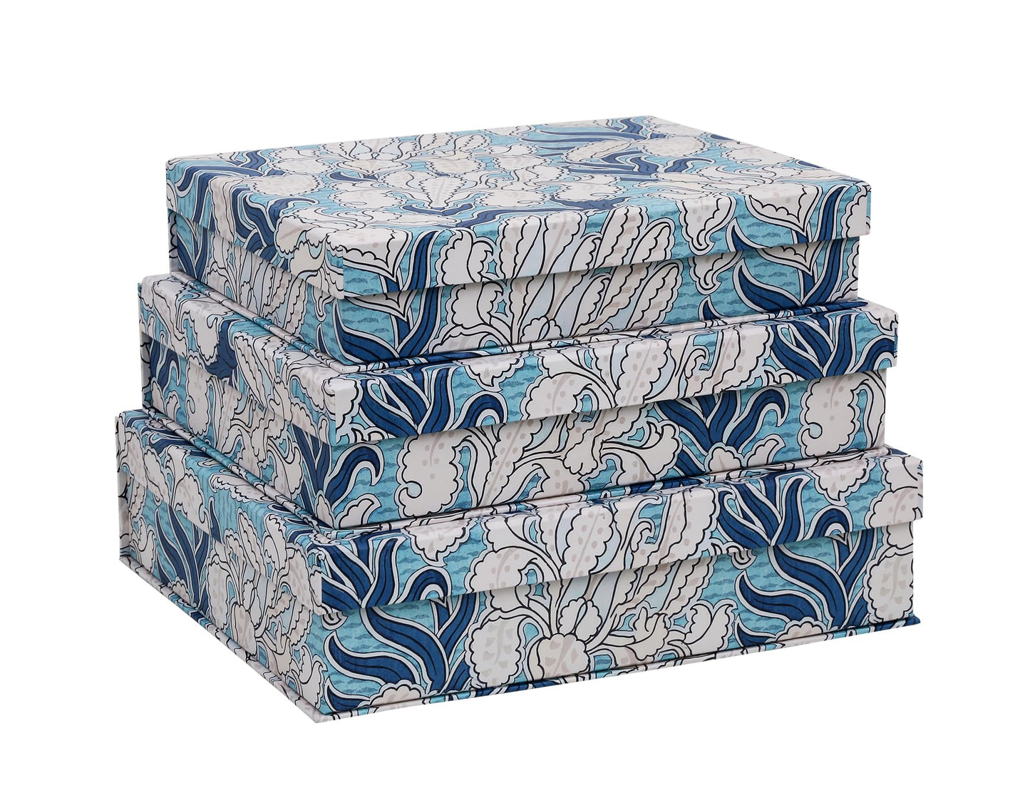 MIZFRUZZY 3-Piece Decorative Storage Boxes with Lids, Blue & White Art-Inspired Botanical Pattern, Sturdy Cardboard Keepsake Boxes, Stackable Memory Storage Boxes for Home Decor & Shelving