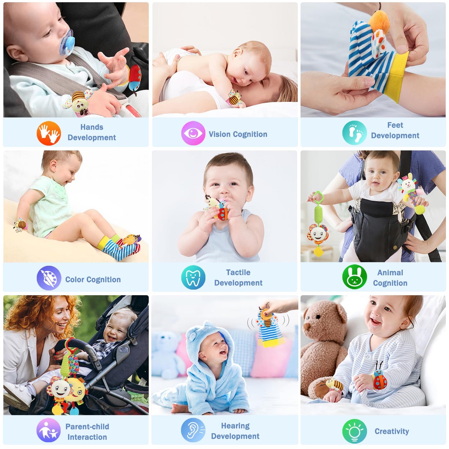 Bloobloomax Wrist and Foot Rattles - Hanging and Hand Bracelet Rattles, Ankle Socks for Newborns and Infants (12pcs)