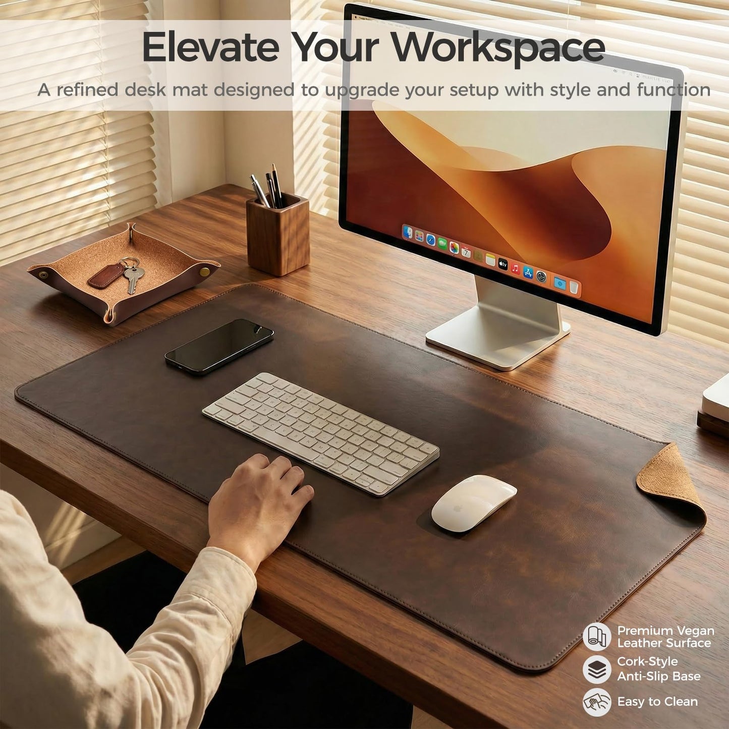 Premium Faux Leather Desk Mat & Tray Set，Innovative Cork-Look Printed Base，Gift Tube Packaging，Full-Desk Coverage，Non-Slip Desk Pad for Office Home（Espresso Brown）