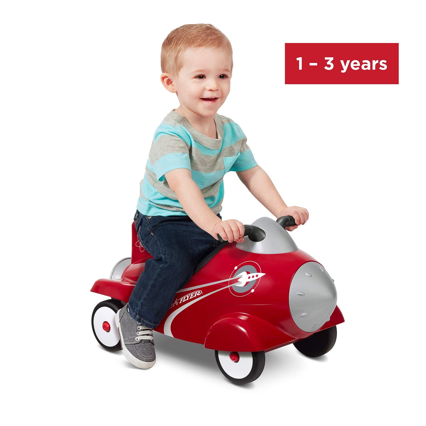 Radio Flyer Retro Rocket, for Toddlers 1-3, 3-in-1 Push Walker Ride On Rocket with Sensory Activities, Under-Seat Storage, Lights and Sounds, 42 lb Capacity, Toddler Ride On Toys