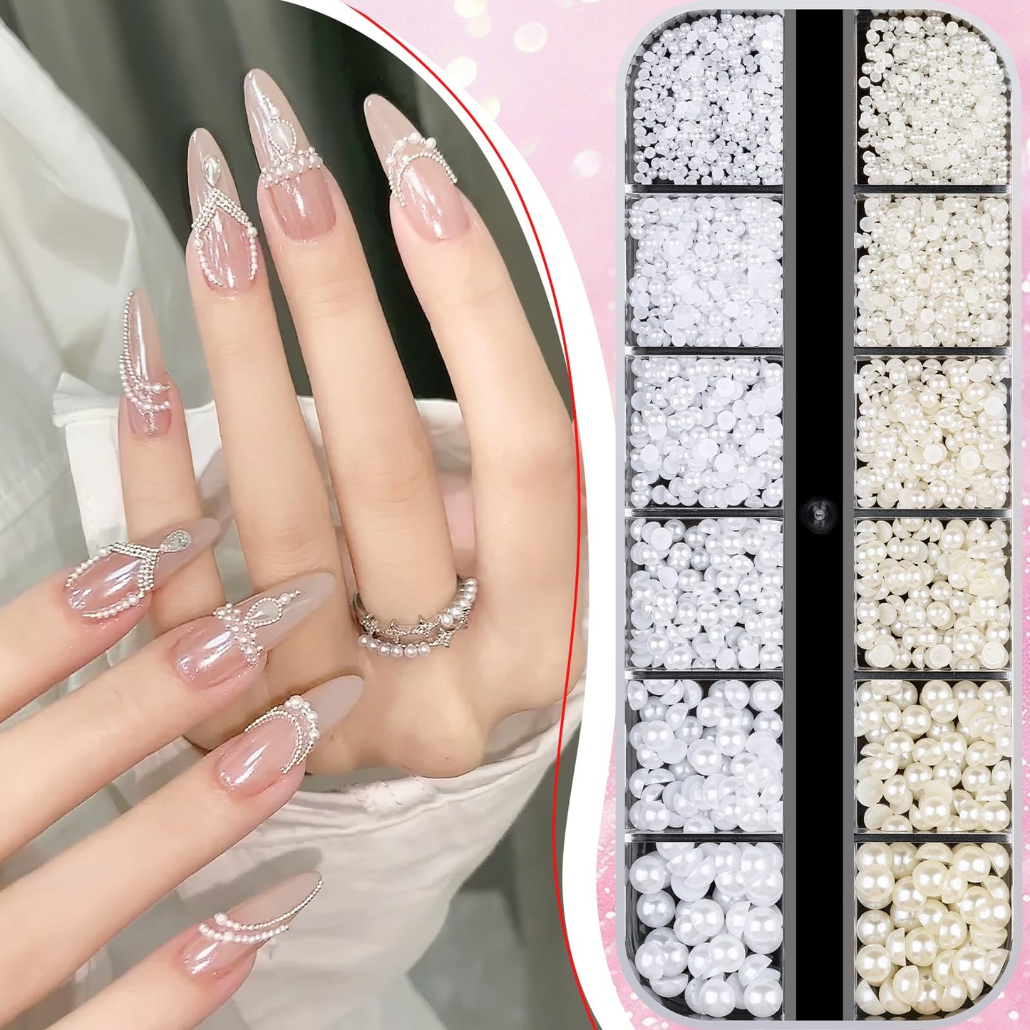2100Pcs Flatback Nail Pearls Gems, 1.5-5mm White Beige Beads Half Round Nail Charms Beads with Pickup Pencil and Tweezers for Crafting Face Hair Manicure (11-K1-half-pearls-beige-white)