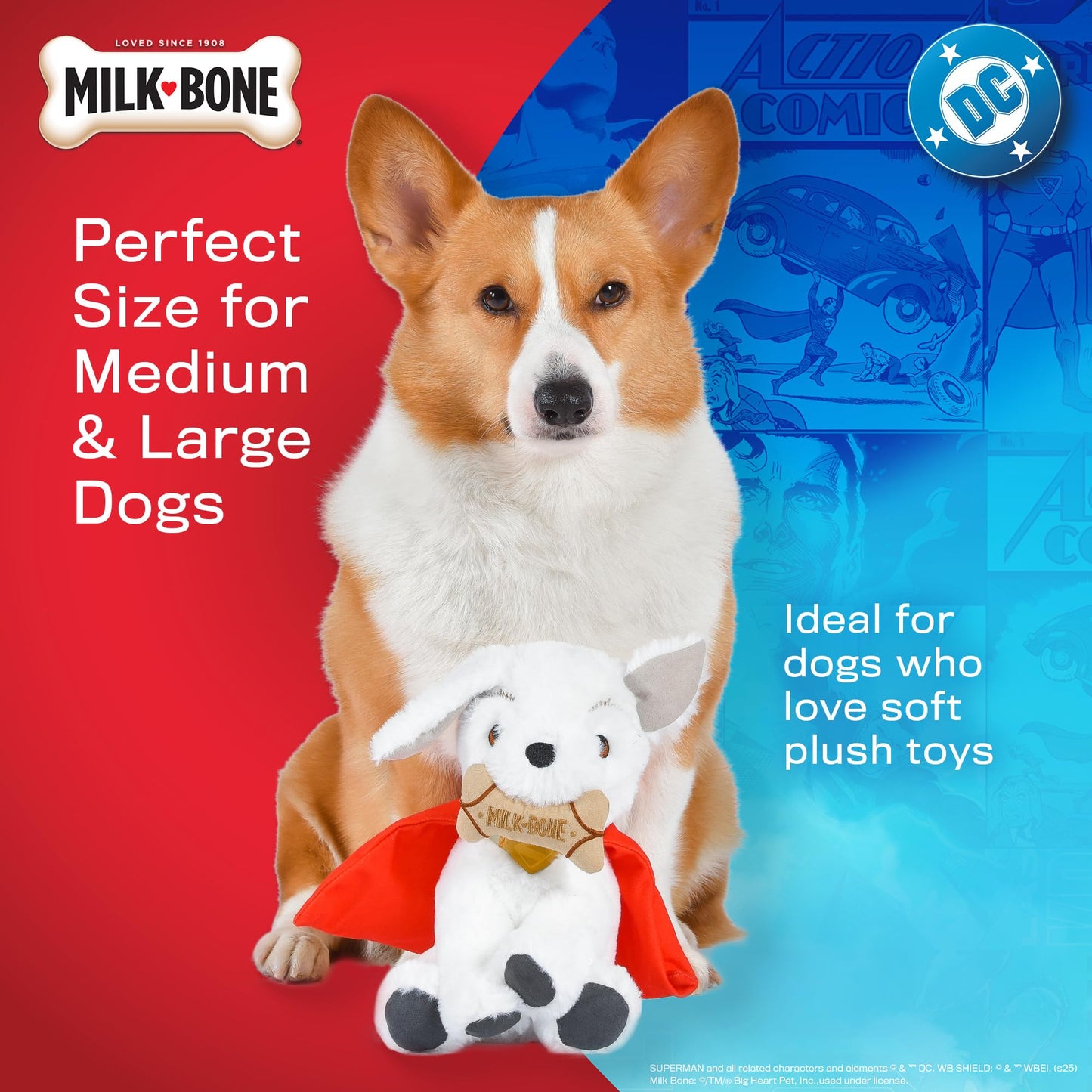 DC Comics Superman Krypto The Superdog Plush Dog Toy – Soft Squeaky Dog Toy with Crinkle Sounds, Cape & Milk-Bone Treat Design, 7.5 Inch