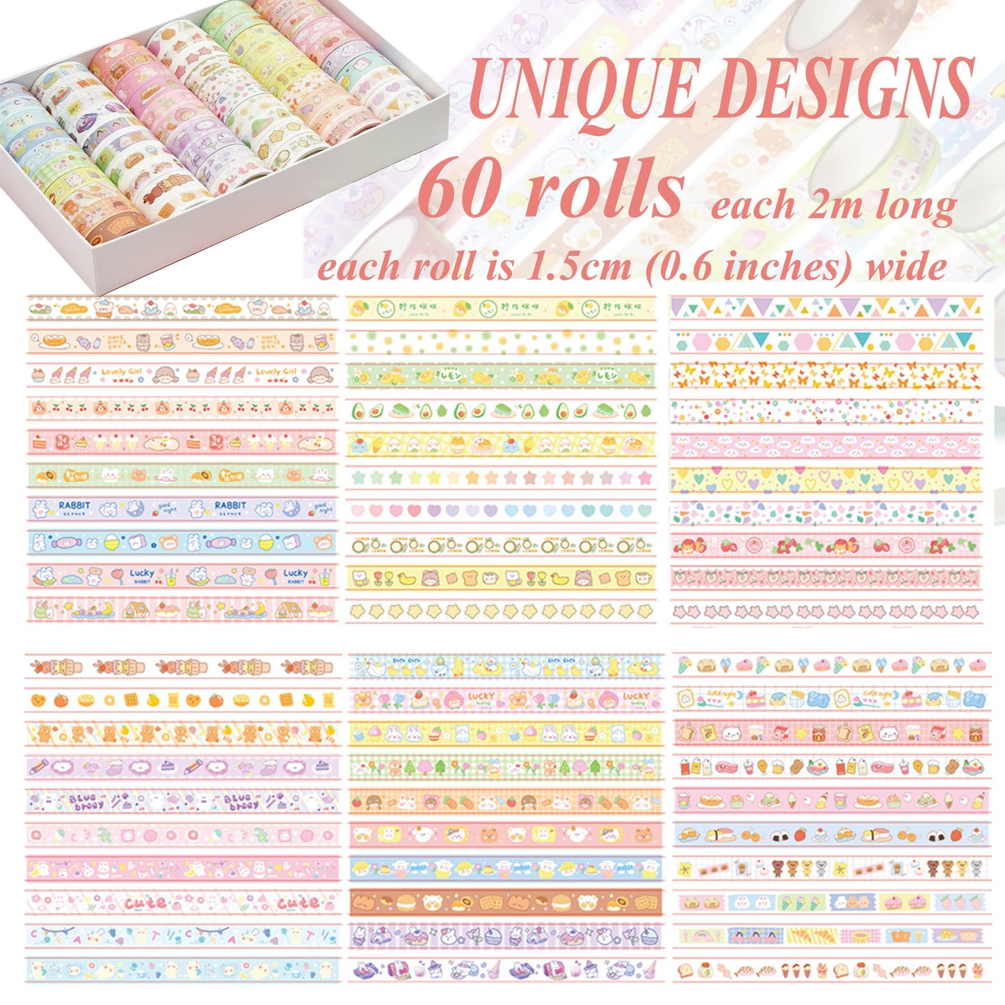 Sifaolp 60 Rolls Washi Tape Set, 15mm Wide Cute Sytle Washi Stickers, for Junk Journal Scrapbook Tape, Bullet Journaling Scrapbooking Supplies, Planner Sticker DIY Craft DéCor