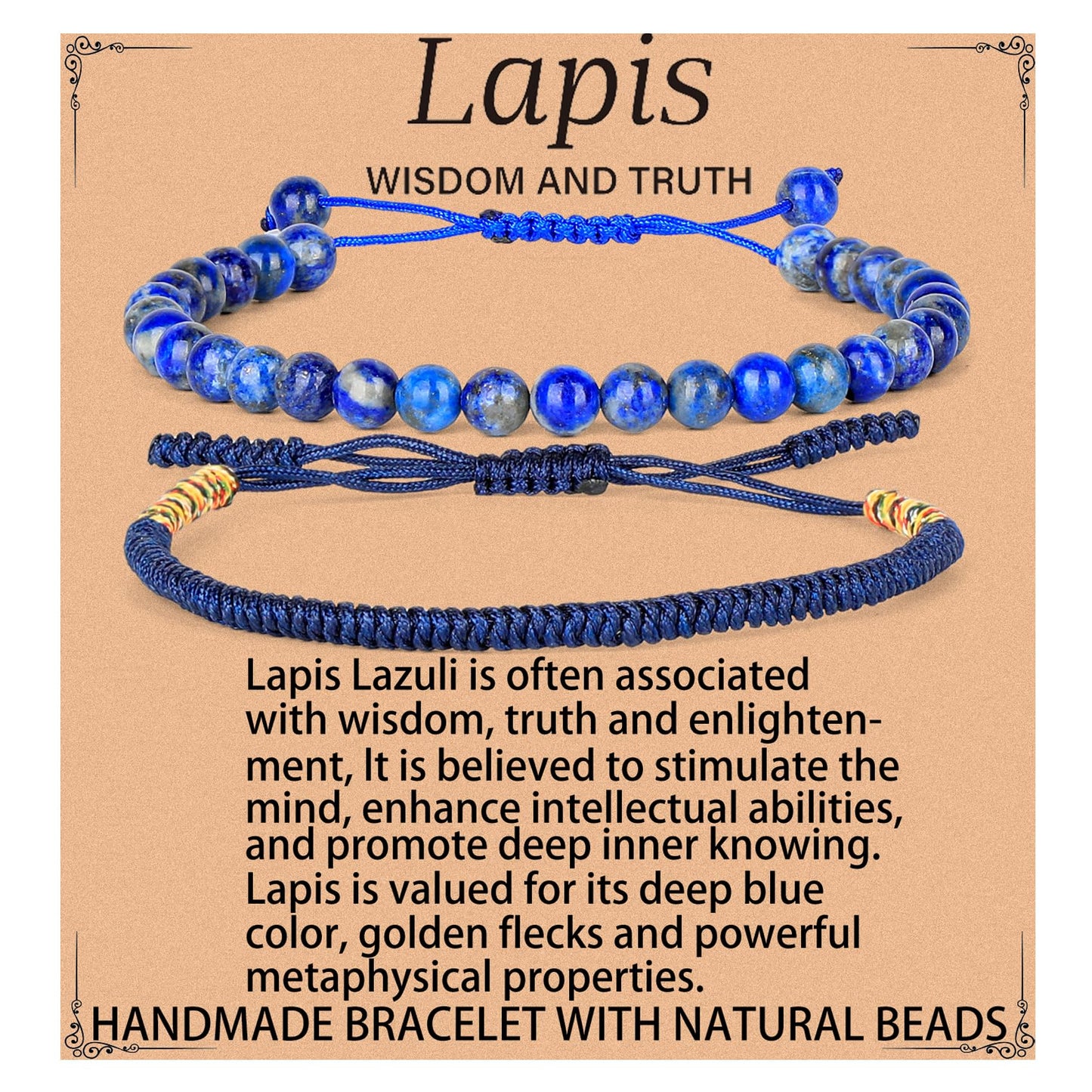 LPBeads 6mm Blue Lapis Bracelet with Handmade Rope Bracelet Size Adjustable Natural Stone Crystal Healing Bracelets Gifts for Unisex Adults