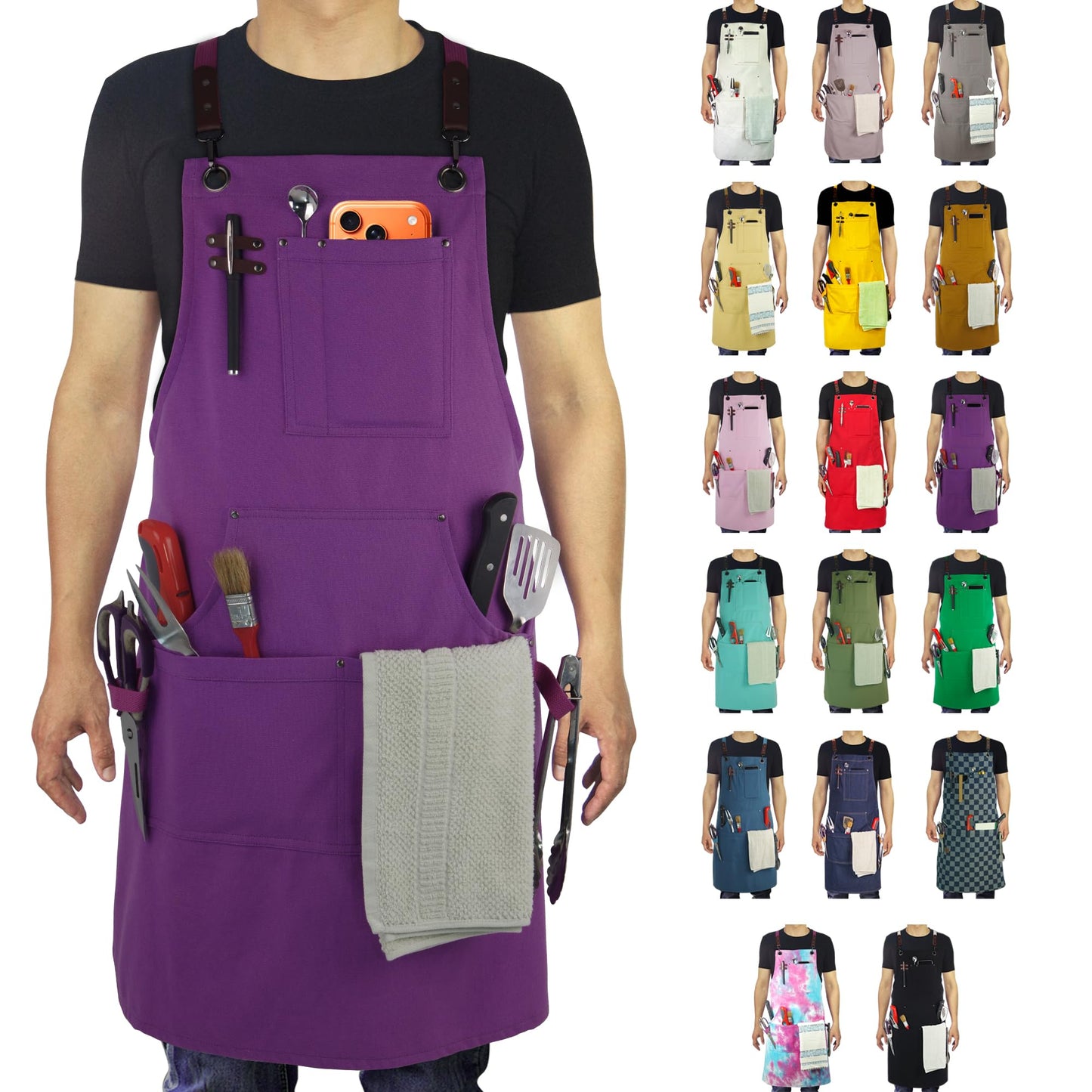Stenffy Kitchen Apron, Work Apron, Canvas, Multiple Pockets, Gardening, Painting, BBQ, Artist, Carpenter, Sizes M to XXL, Purple