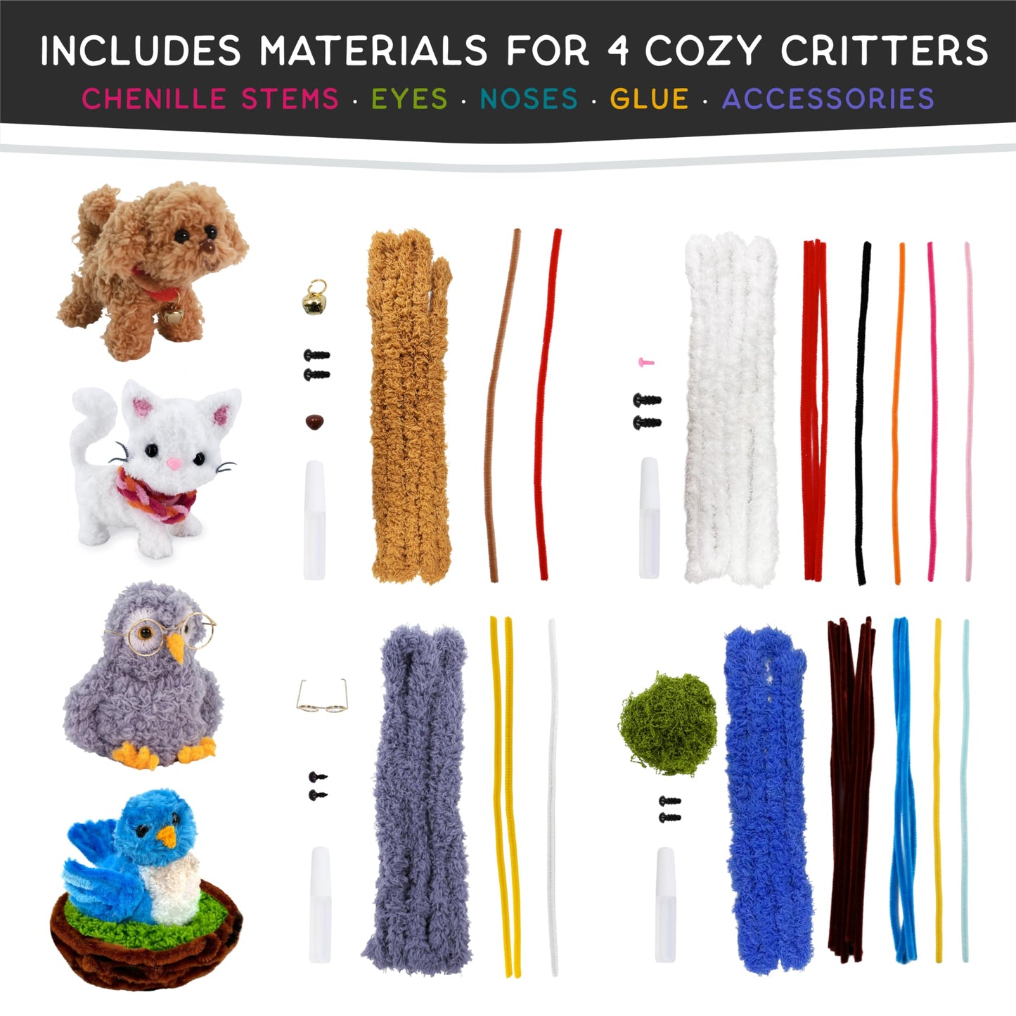 WeVeel Cozy Craftworks Chenille Stem Animal Craft Kit for Adults – Create 4 Adorable Animals (Kitty, Puppy, Bird & Owl) – Relaxing DIY Arts & Crafts Kit with All Supplies