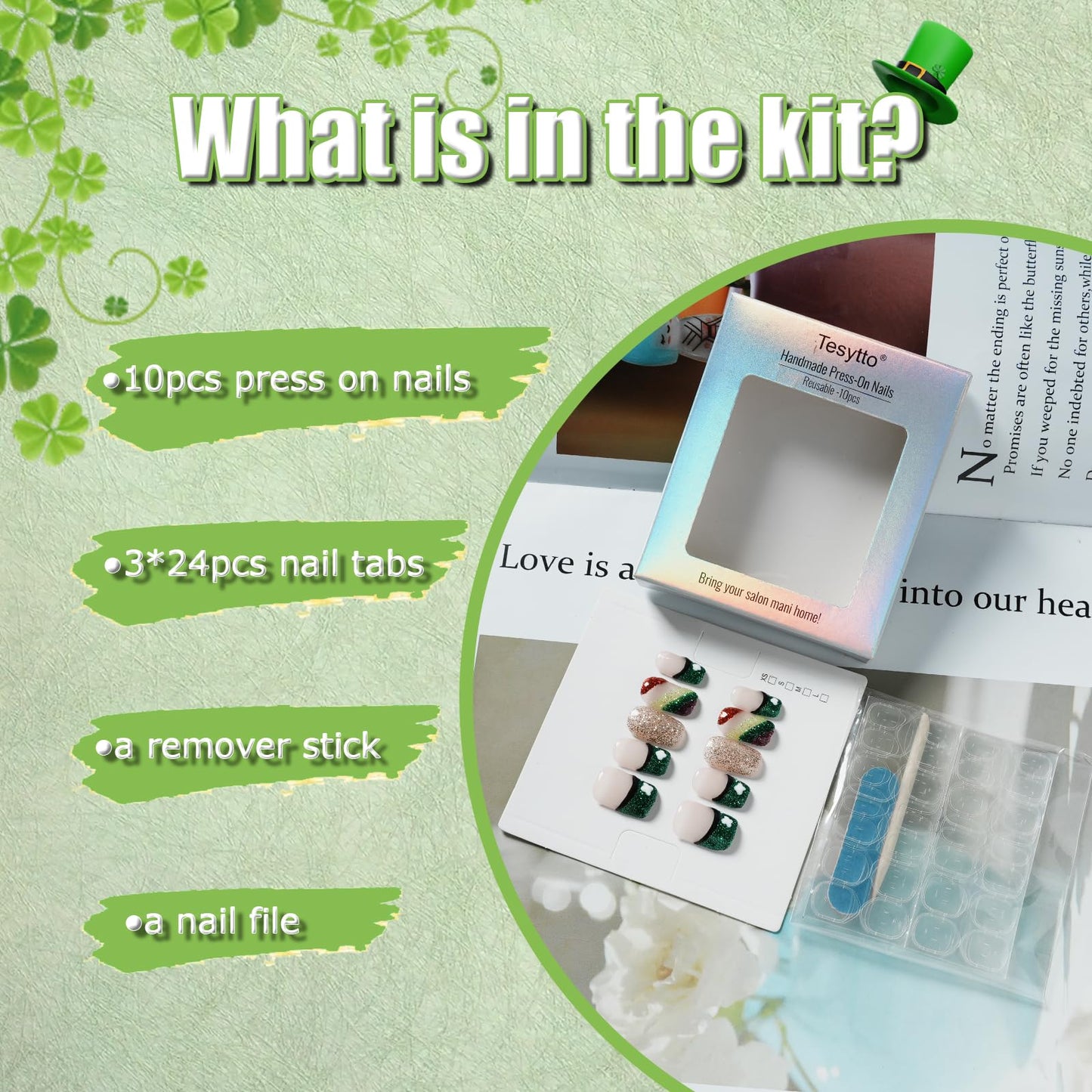 Tesytto Medium Square Press On Nails, Nude with Green Glitter French Tips and Hand-Painted White Clover, Rainbow Glitter Gradient Thick Acrylic Nails (Size S)