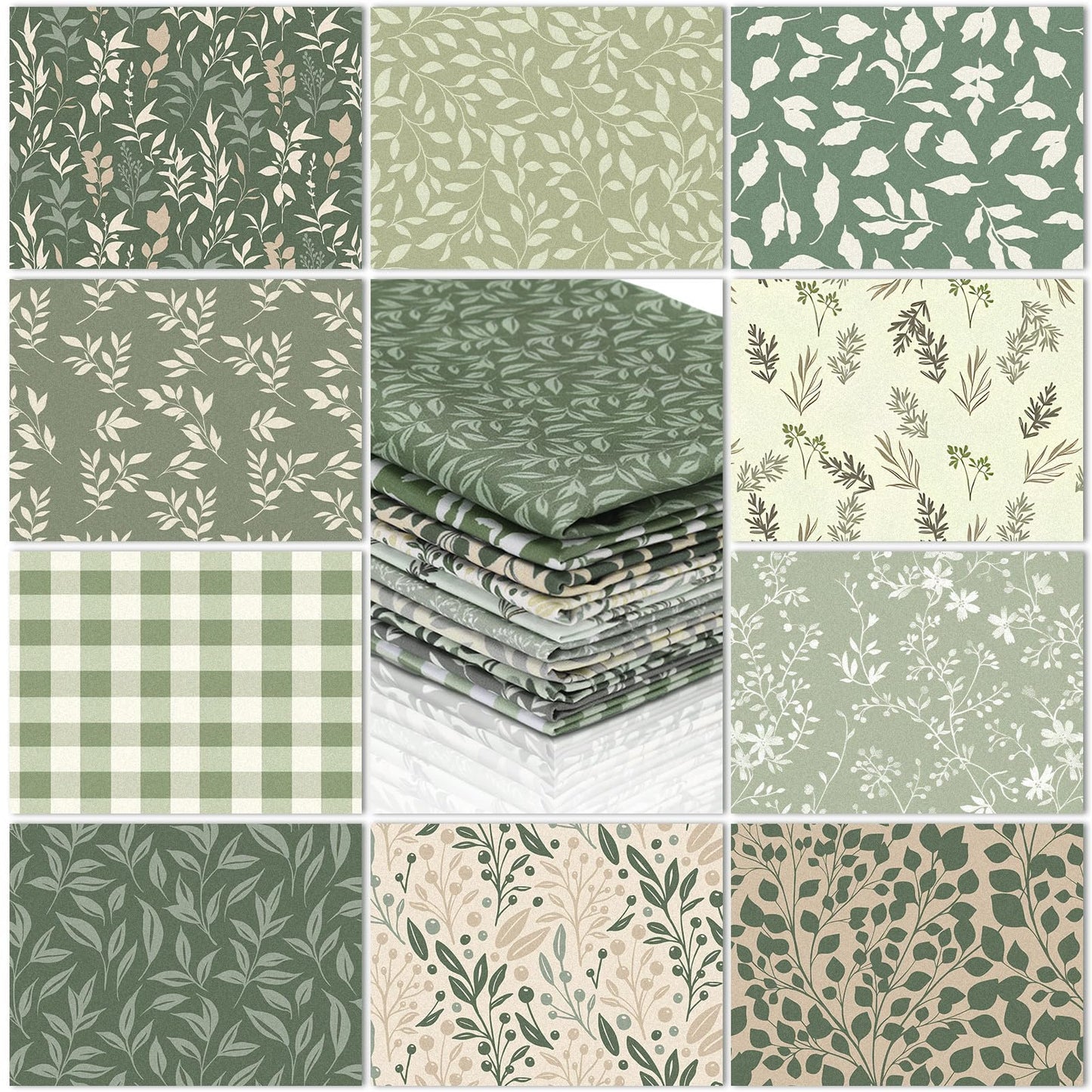 Hahafelt 10 Pcs 18 x 22 Inch Sage Green Fat Quarters Greenery Precut Fabric Bundles Botanical Green Leaves Plaid Flower Quliting Squares Patchwork for Spring Summer DIY Craft Sewing Quilt Material