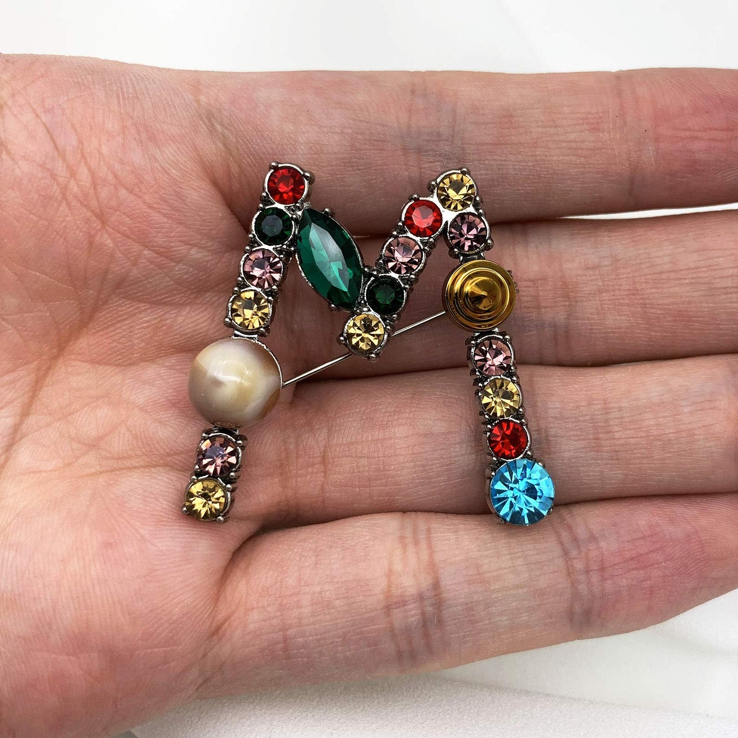 XGALBLA Letters M Plated Metal Stone Clear Colorful Crystal Lapel Pin Brooches Collar(Silver Tone)