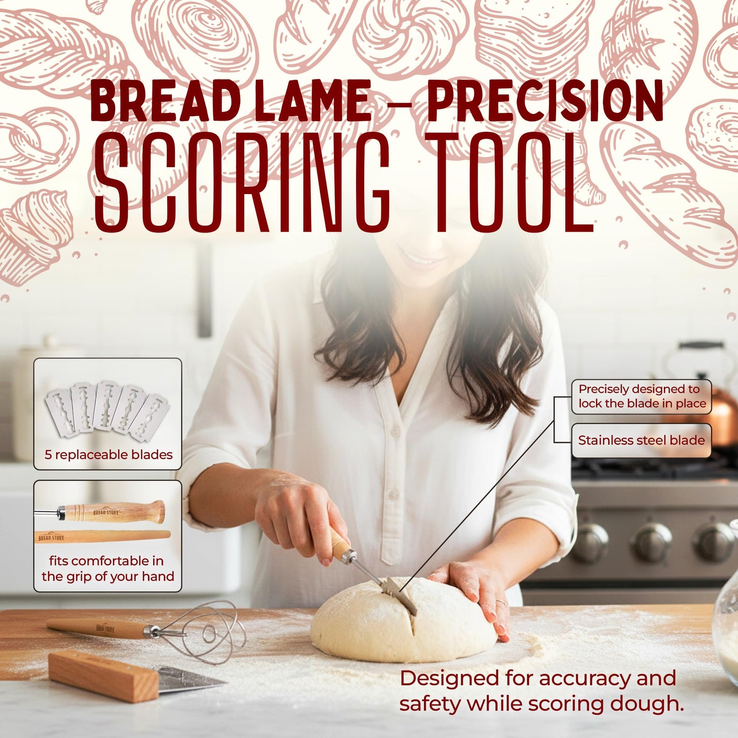 Danish Dough Whisk Set – Wooden Scraper & Lame Scoring Tool | Sourdough Whisk & Mixing Tool Kit | Bread Utensils for Homemade Bread, Pizza, Pastry | Stainless Steel & Wood