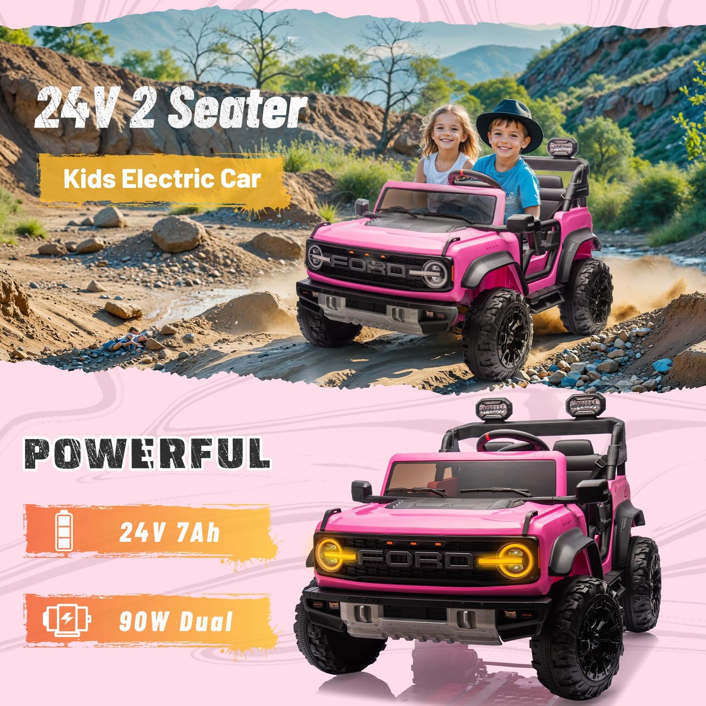 24V Ride on Toy for Big Kids,Ford Bronco Raptor 2 Seater Elecrtic Car for Kids with Remote,Battery Powered Car 4 Wheels with Spring Suspension,LED Light,Bluetooth,3 Speeds(24V, Pink)