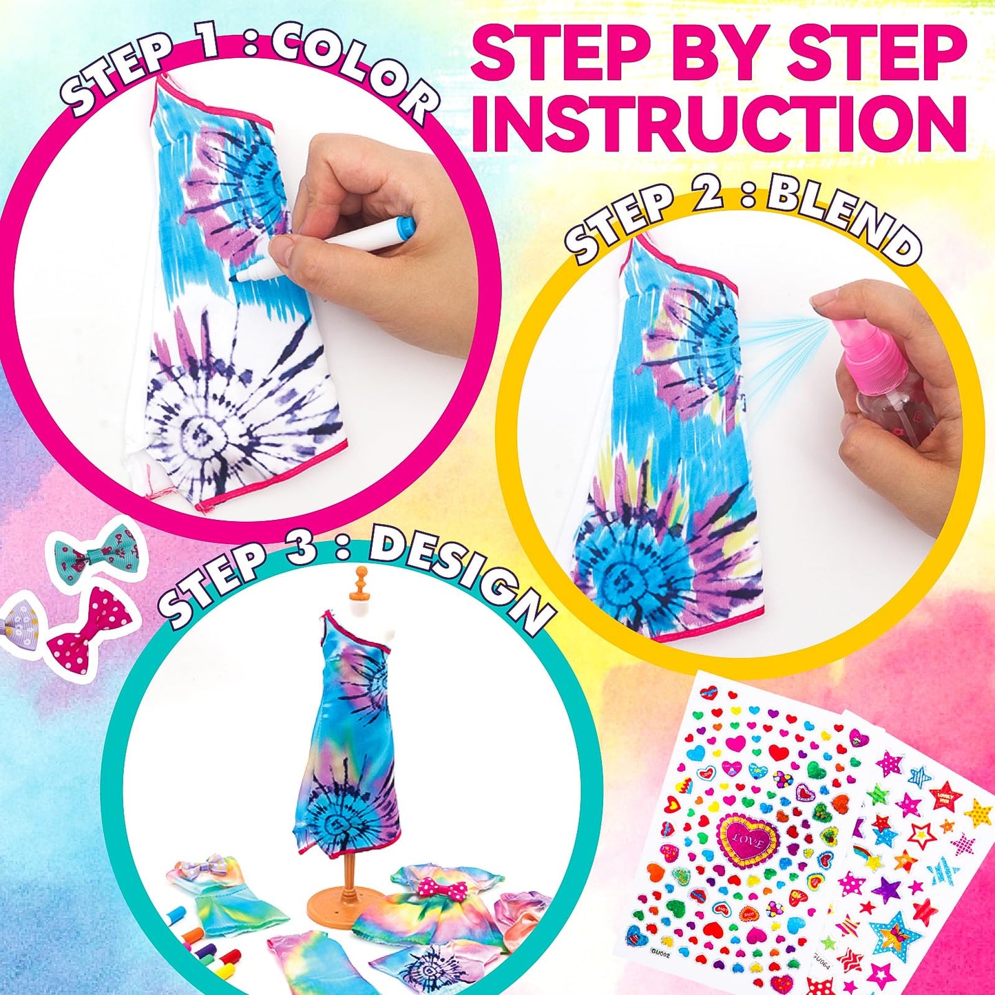 Tie-Dye Fashion Designer Doll Clothes Making Kit for DIYArts and Crafts Toys,Girls Gift Age 6 7 8 9 10 11 12