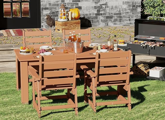 GREENVINES 7-Piece Outdoor Dining Set | HDPE | Patio Table and Chairs Sets for 6 | Patio Furniture | All Weather | Umbrella Hole | Teak | for Backyard Poolside Garden