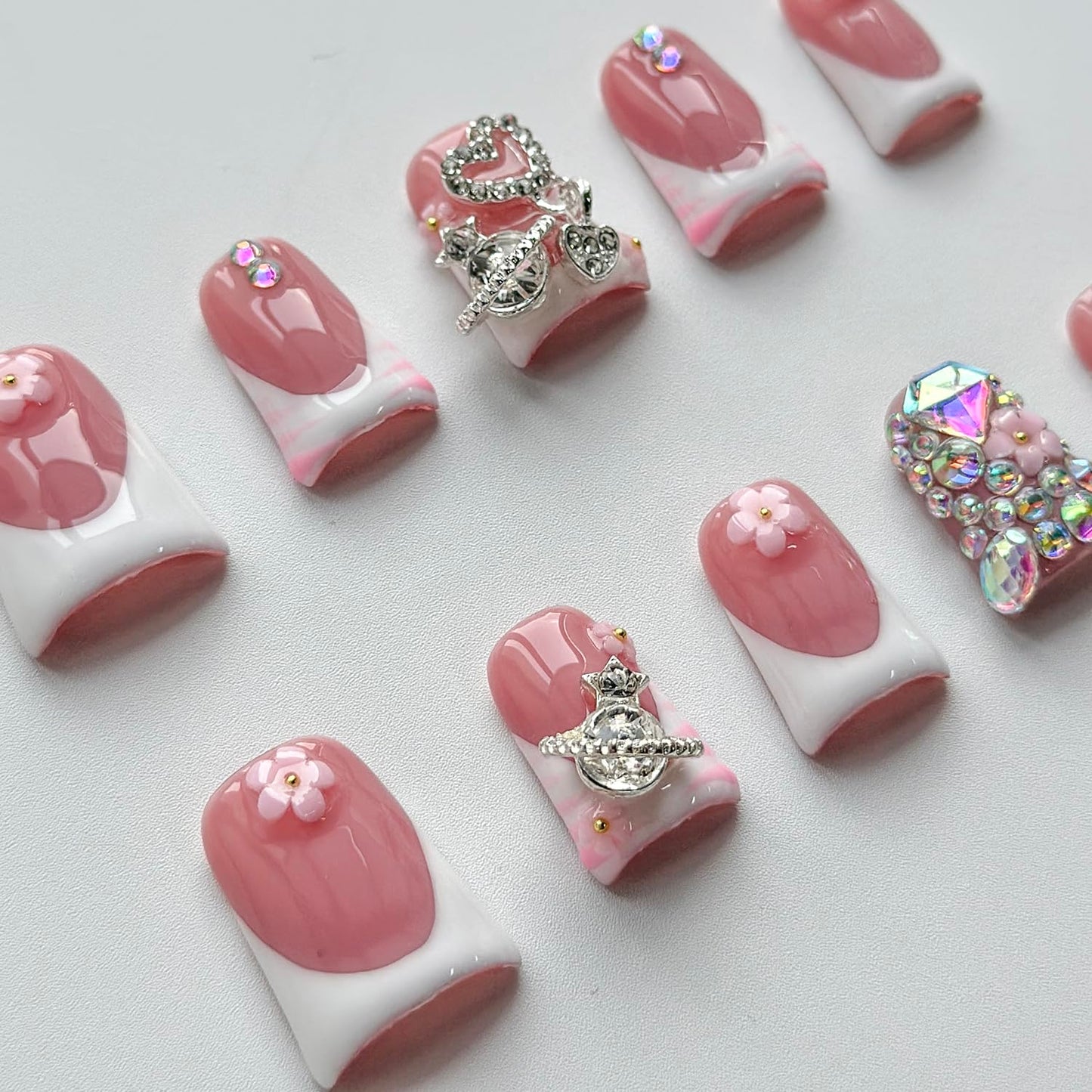 Luxury Press on Nails Short Duck Handmade 3D Unique Reusable ABS Material Fake Nails White French Tip False Nails with Designs Pink Flower Rhinestones Glossy Glue on Nail Thick Acrylic Nail(M)