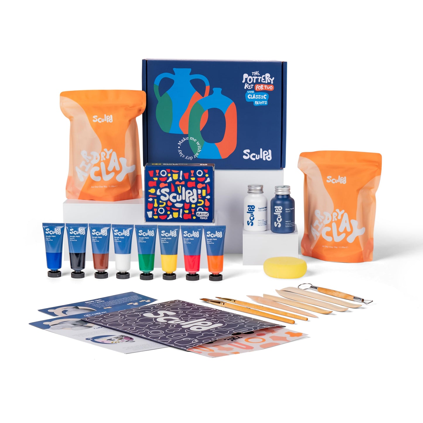 Sculpd - The Original Pottery Kit for Adults - Air Dry Clay for Adults, Tools, Varnish, Paints, Brushes, Couples Date Night Arts & Crafts Set, Gloss Varnish with Classic Tones
