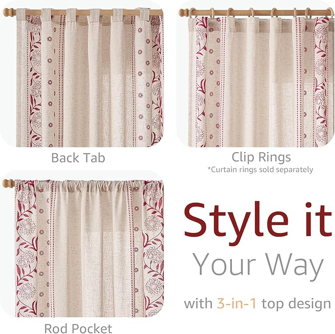 jinchan Winslow Linen Curtains for Bedroom 96 Inches Length Embroidered Bordered Floral Curtains for Living Room Farmhouse Decor Light Filtering Window Treatments Red on Beige Drapes 2 Panels