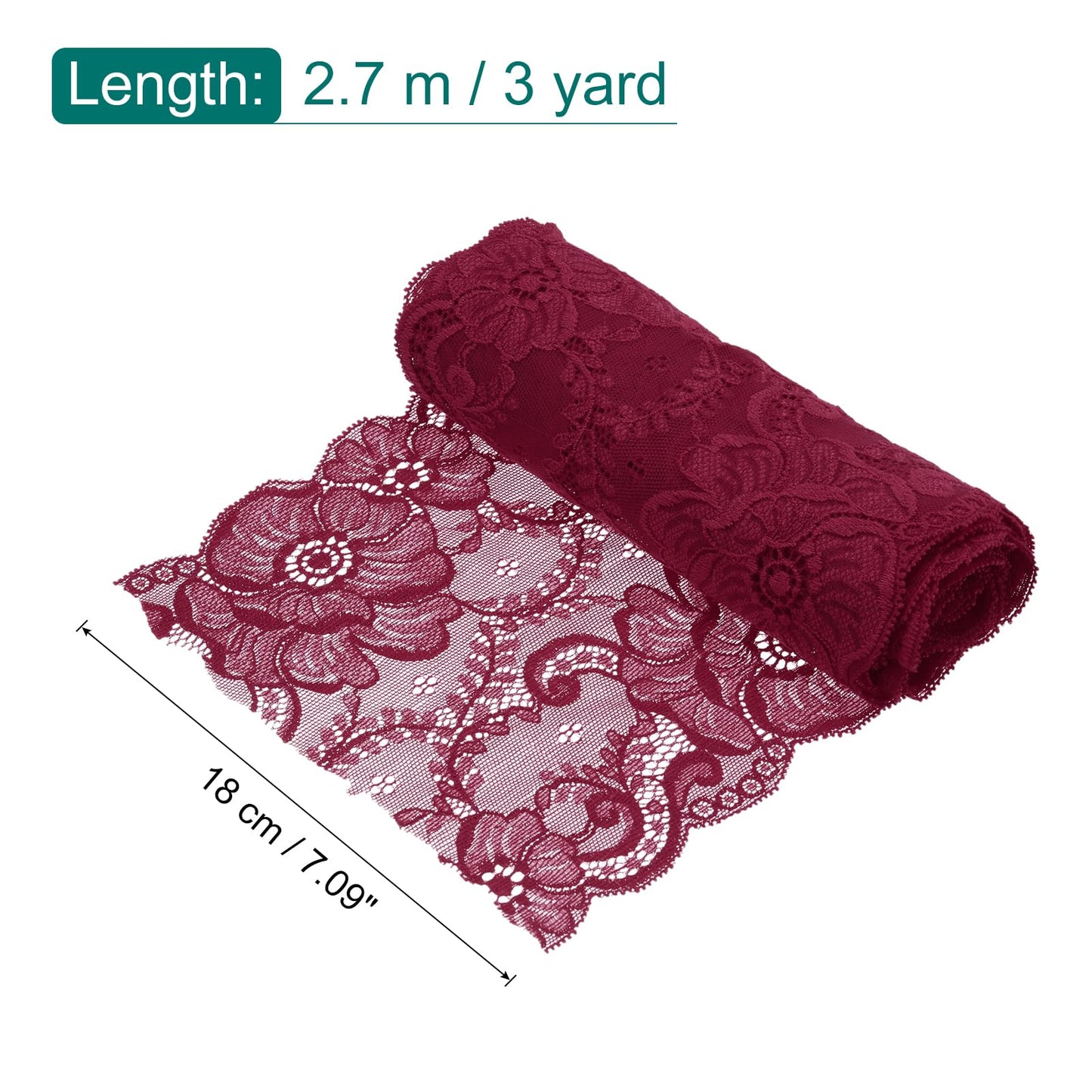 MECCANIXITY 7.1 Inch Wide 3 Yard Lace Ribbon Floral Pattern Dark Red Lace Trim Ribbon for DIY Crafts, Gift Wrapping Bouquets, Wedding Decor, and Sewing Making