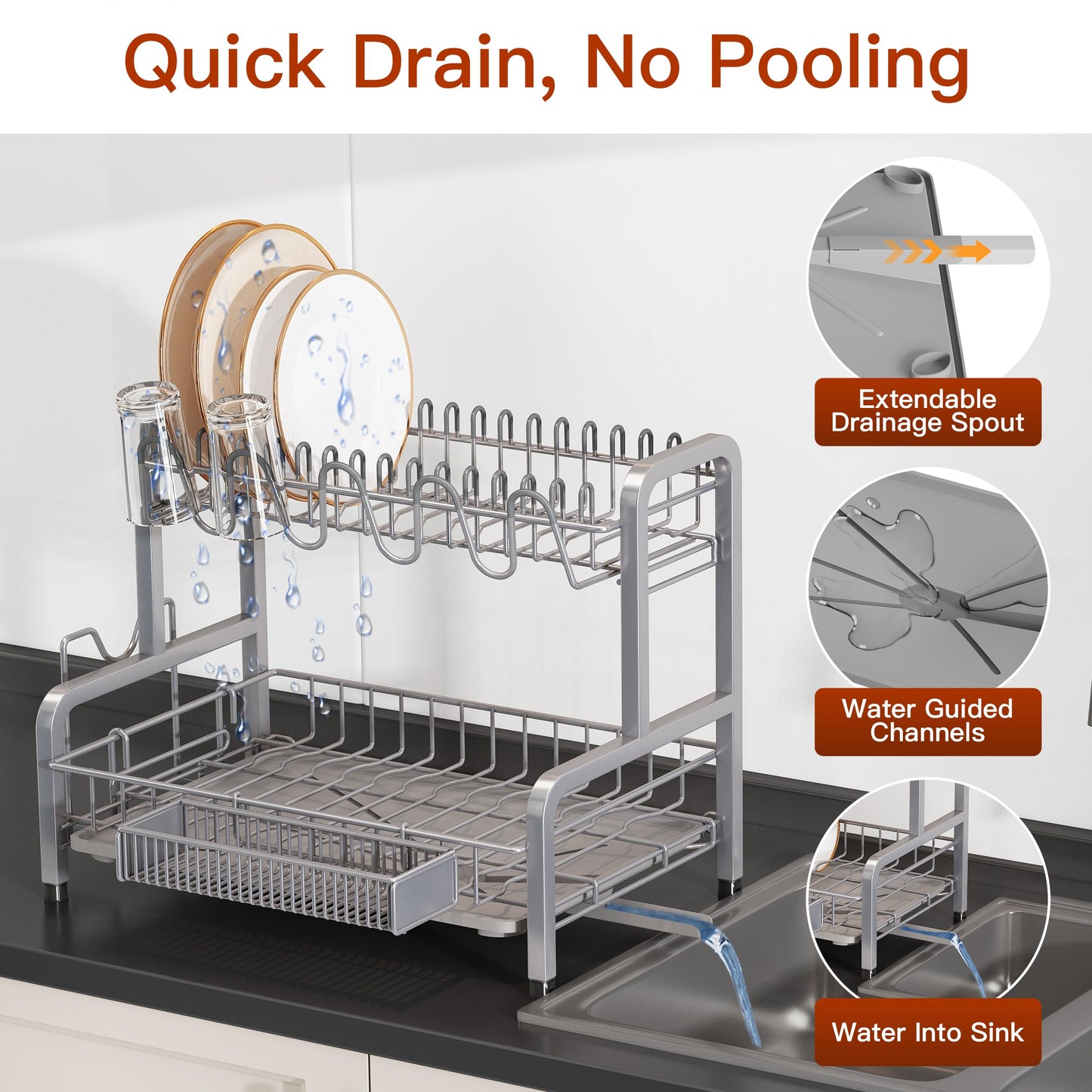 2 Tier Dish Drainer Drying Rack for Kitchen Counter, Large Stainless Steel Dishes Dryer with Drainboard, Space Saving, Big Rustproof Metal Modern Countertop Plates Strainer with Utensil Holder, Sliver