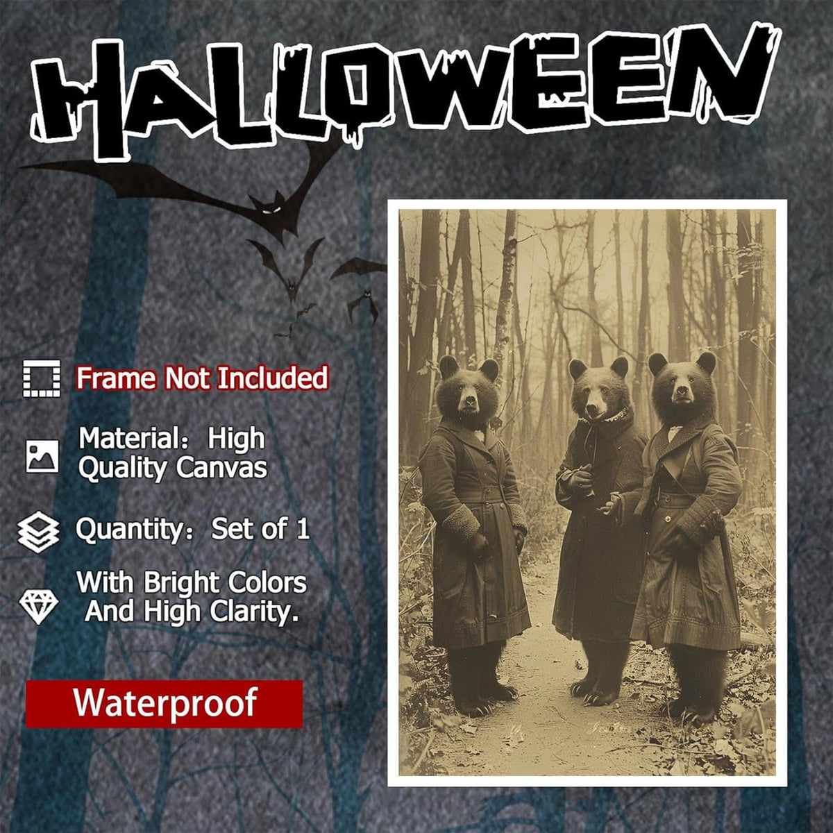Vintage Horror Halloween Wall Decor Spooky The Three Bears In Occult Forest Spooky Canvas Wall Art Poster Gothic Dark Academia Decorations Room Creepy Print 16X24inch Unframed
