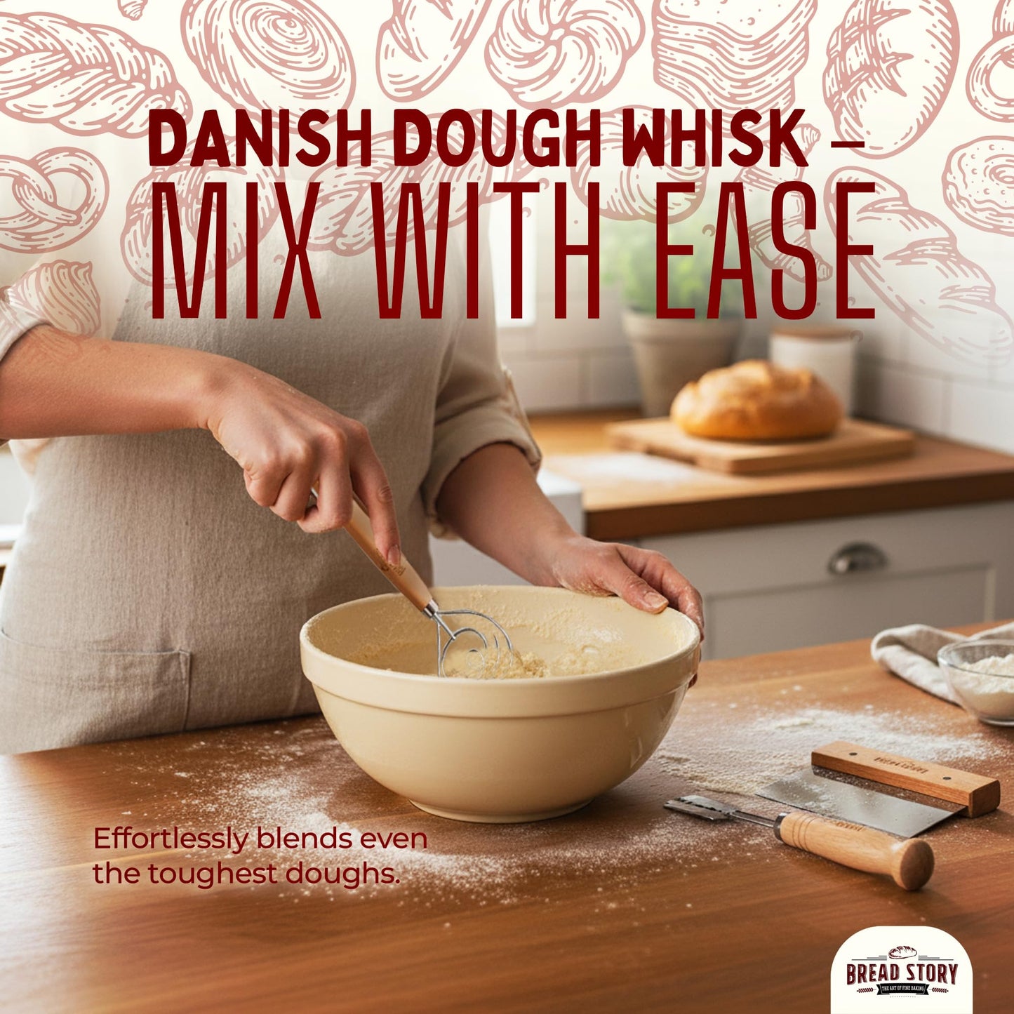 Danish Dough Whisk Set – Wooden Scraper & Lame Scoring Tool | Sourdough Whisk & Mixing Tool Kit | Bread Utensils for Homemade Bread, Pizza, Pastry | Stainless Steel & Wood