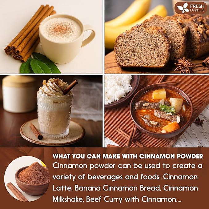 FreshDrinkUS, Premium Cinnamon Powder 8oz – Pure Ground Cinnamon for Baking, Cooking, Smoothies, and Tea – Freshly Packed in Resealable Pouch