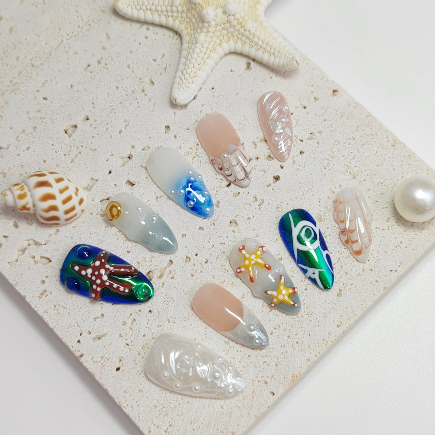 Almond Press on Nails Handmade Medium Long/Stiletto 3D Flower Fake Nail with Designs, Women Reusable False Nails (Ocean Starfish, M)