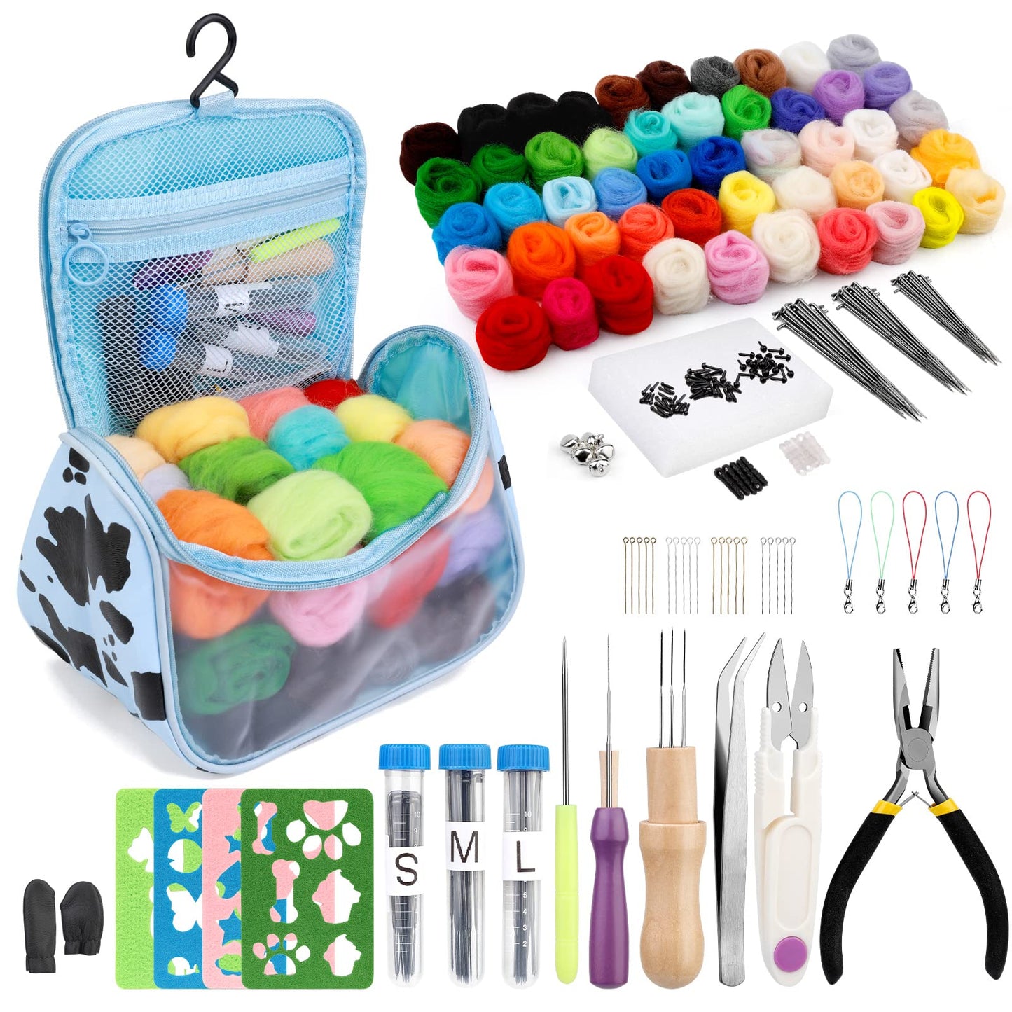 JUPEAN 228 Pcs Needle Felting Kit Wool Felting Tools for Beginner 50 Colors Wool Roving Starter Felting Kit with Felting Needles Foam Mat Needle Felting Supplies Storage Bag for DIY Craft Making