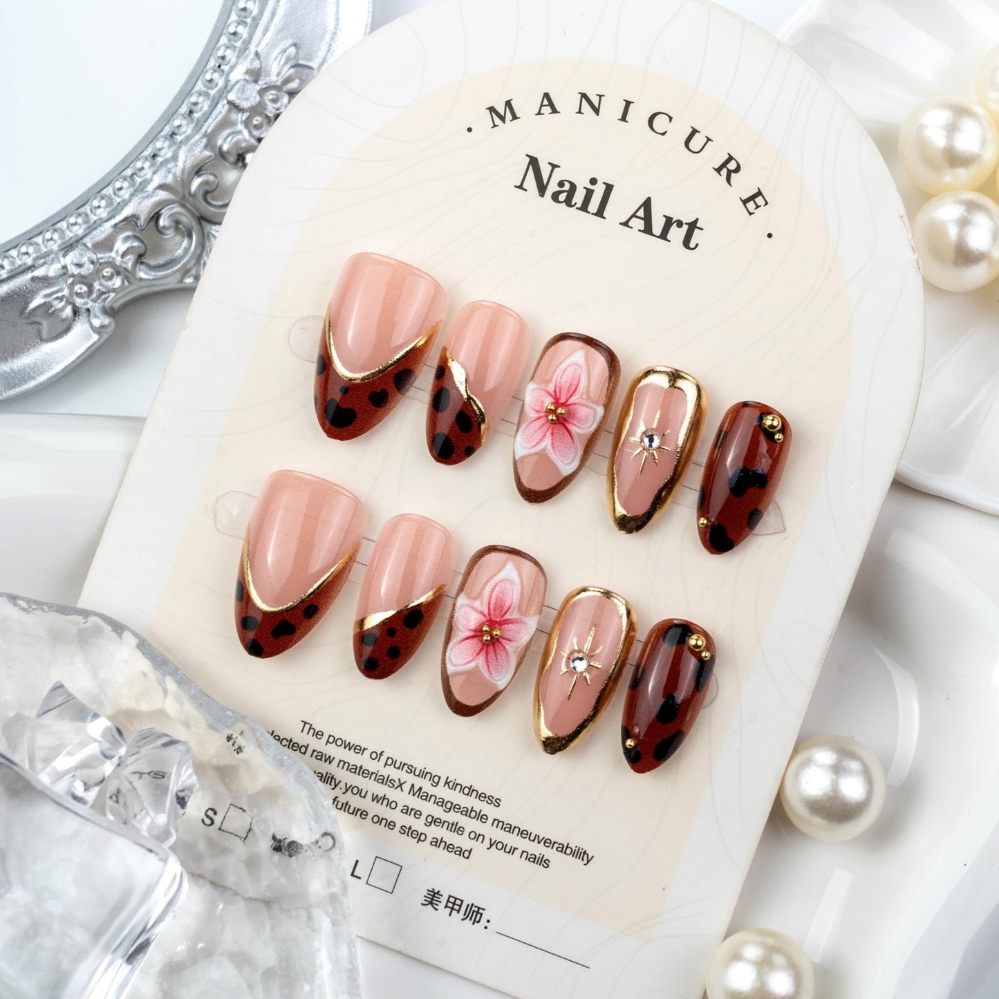 Medium Press on Nails Almond Fake Nails Brown Artificial Nail Tortoise Stick on Nail with 3D Flower Gold Frame Rhinestone Accent for Women 30pcs