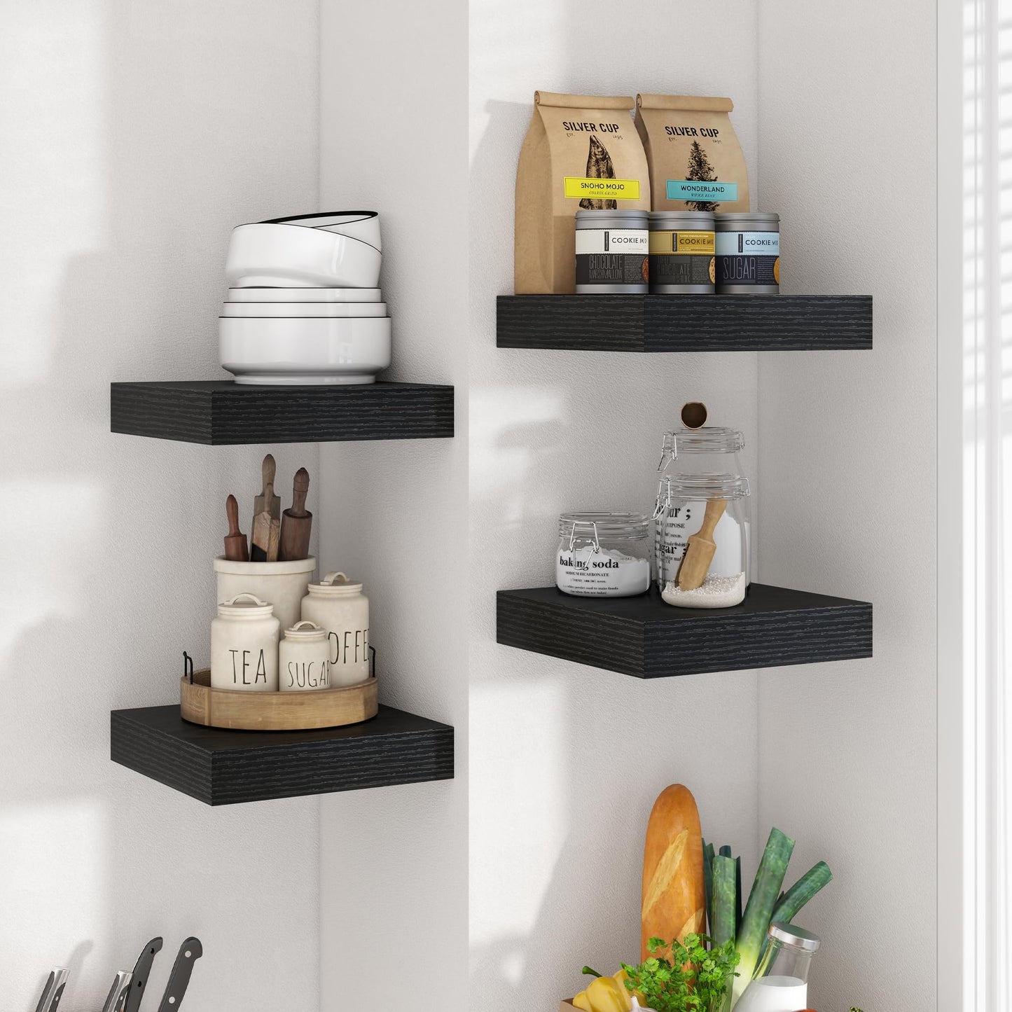 Axeman Square Floating Shelves for Wall, 8" W x 8" D x 1.4" H Rustic Wooden Wall Shelves, 4 Pack Wall Mounted Floating Shelf with Invisible Brackets for Living Room, Bathroom, Kitchen, Black Color
