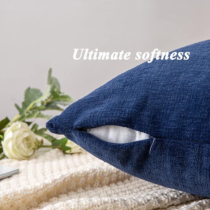GAWAMAY Lumbar Support Pillow Decorative Rectangle Throw Pillow Covers 12"x20" Inch Set of 2, Soft Chenille Pillowcase for Living Room Bedroom Sofa Couch Cushion Cover Navy Blue 30x50cm (ONLY Covers)