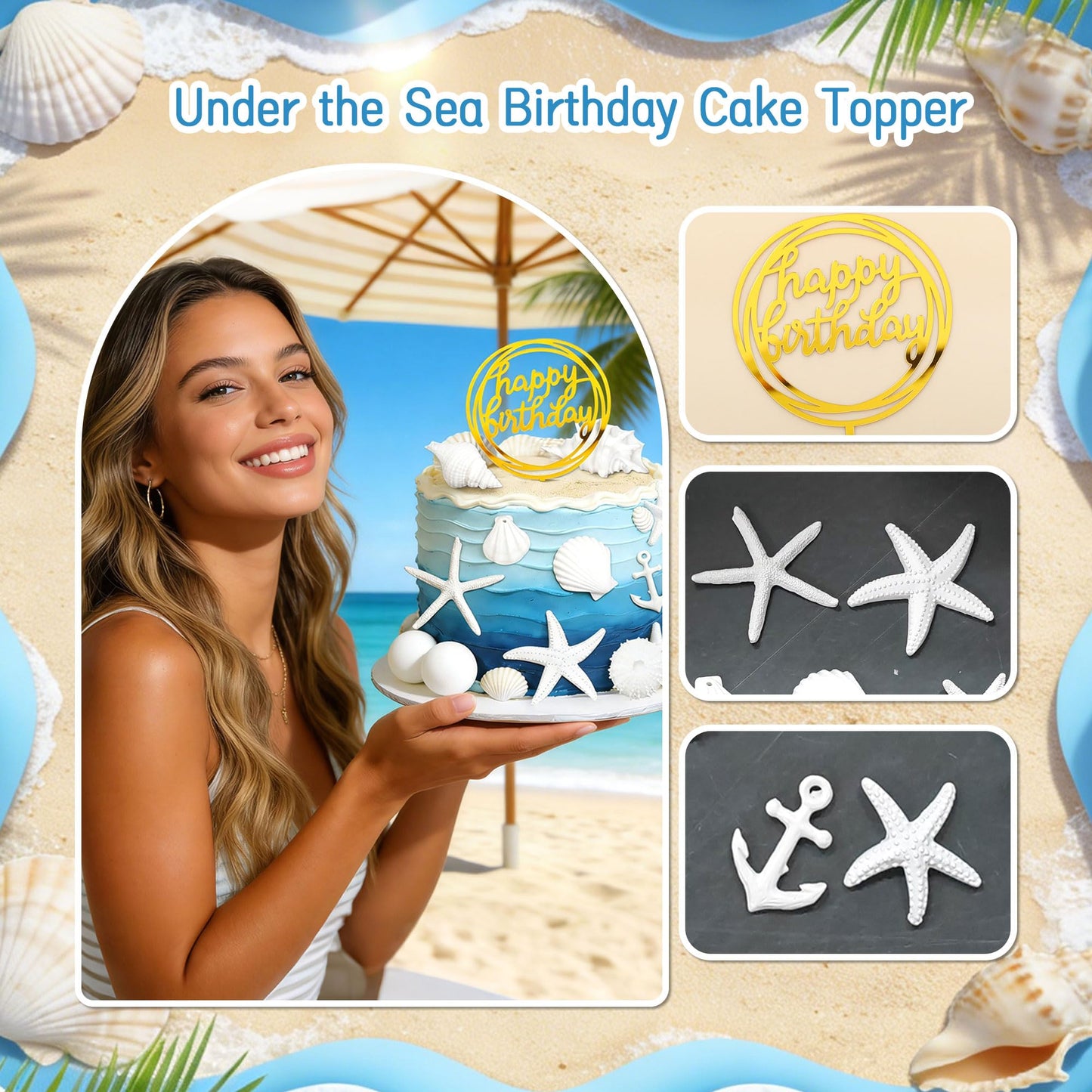 Ocean Beach Cake Topper Under the Sea Birthday Party Decorations Seashell Starfish Cake Decorations Summer Beach Party Supplies