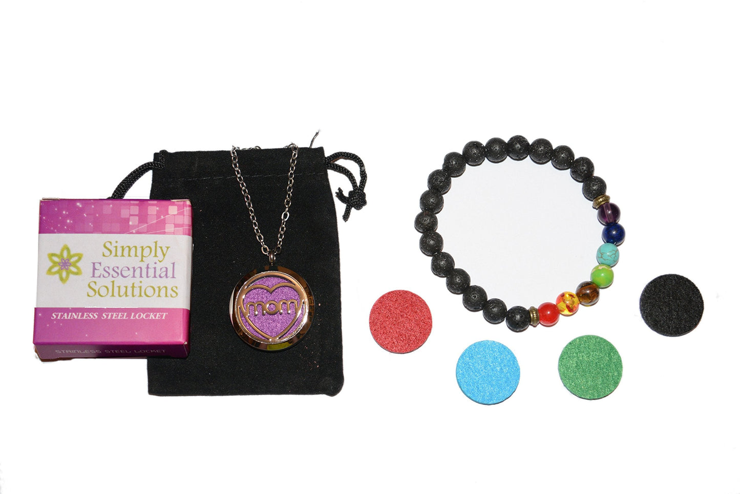 Aromatherapy Essential Oil Diffuser Stainless Steel 30MM Silver Locket Pendant with Chain Necklace and Colored Refill Pads & Diffuser Bracelet All in a Velvet Bag (mom)