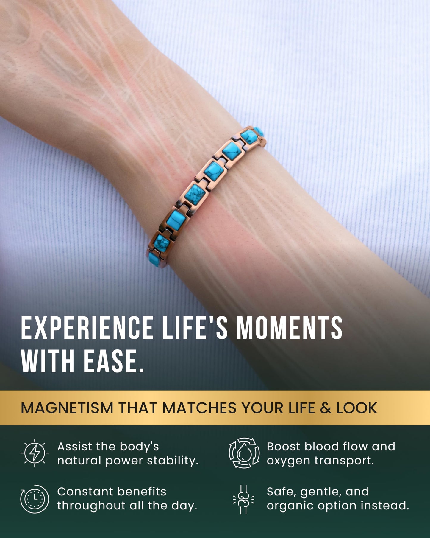 MagnetRX Pure Copper Bracelets for Women – Ultra Strength Copper Magnetic Bracelet with Turquoise Stone – Adjustable Turquoise Bracelet for Women with Sizing Tool (Classic Turquoise)