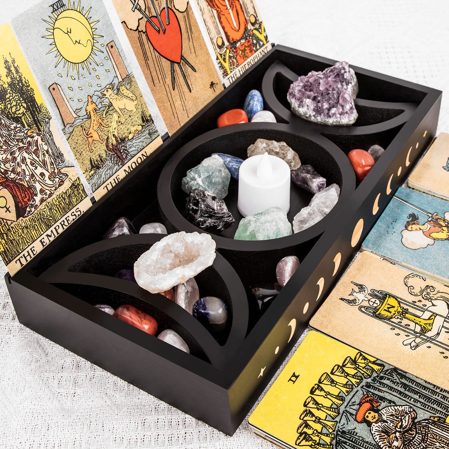 Mooncraftlogy Crystal Tray for Stones, Triple Moon Gemstone Holder Box, 3 Tarot Card Stand for Affirmation Cards, Wicca Display, Detachable Rocks, Essential Oil Organizer, Witch Altar Gift (Black)