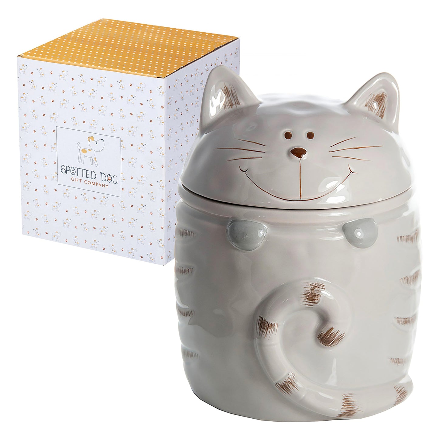 SPOTTED DOG GIFT COMPANY Ceramic Cookie Jar with Lid, Large Cat Treat Container for Cookies & Biscuits, Cute Novelty Kitchen Storage for Countertop, Gifts for Cat Lovers - 47oz Gray