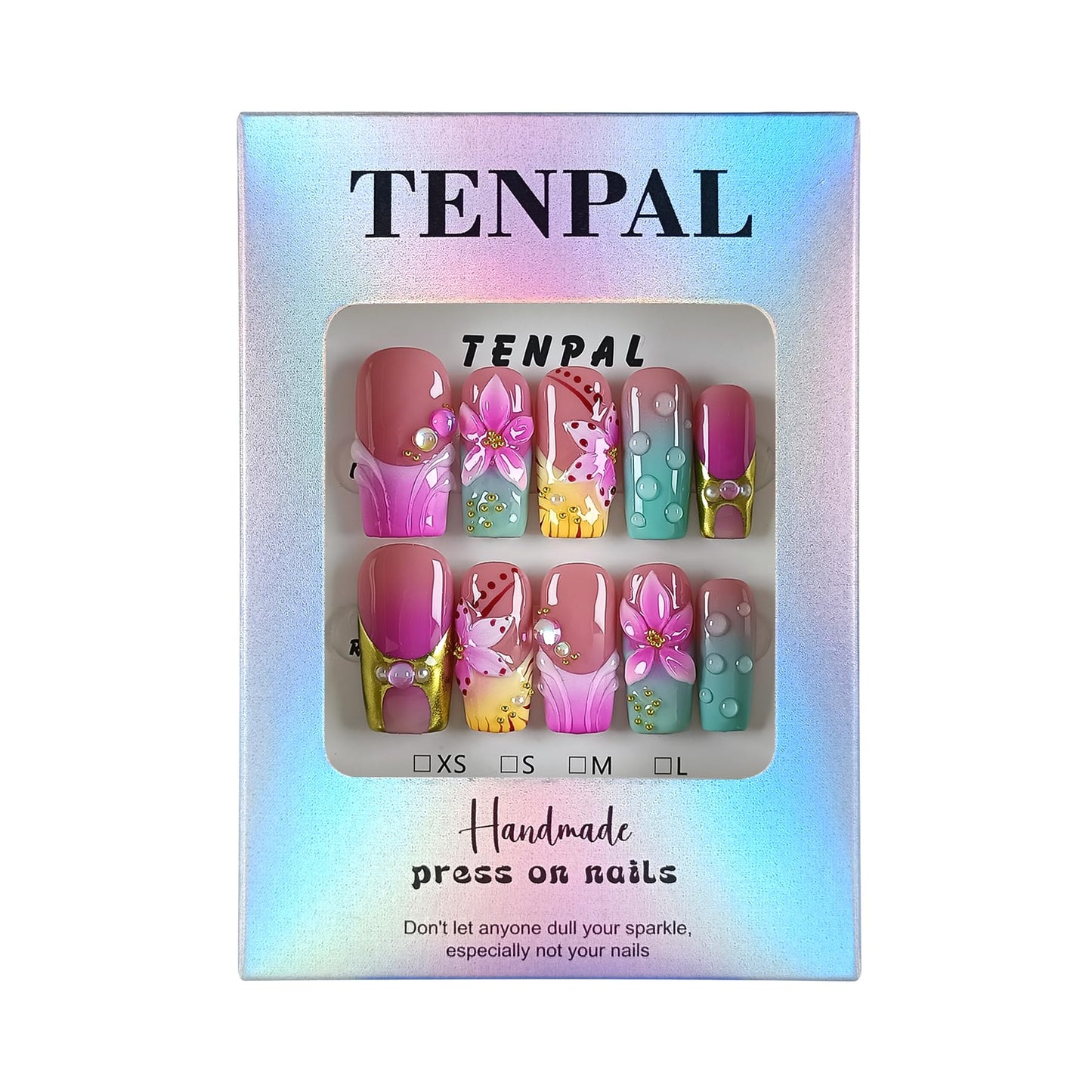 TENPAL Medium Square Press on Nails - Magenta Navy Blush Ombre 3D Floral Design Y2K Glossy False Nails for Women Girls, Acrylic Soft Gel Handmade Square Nails(S)