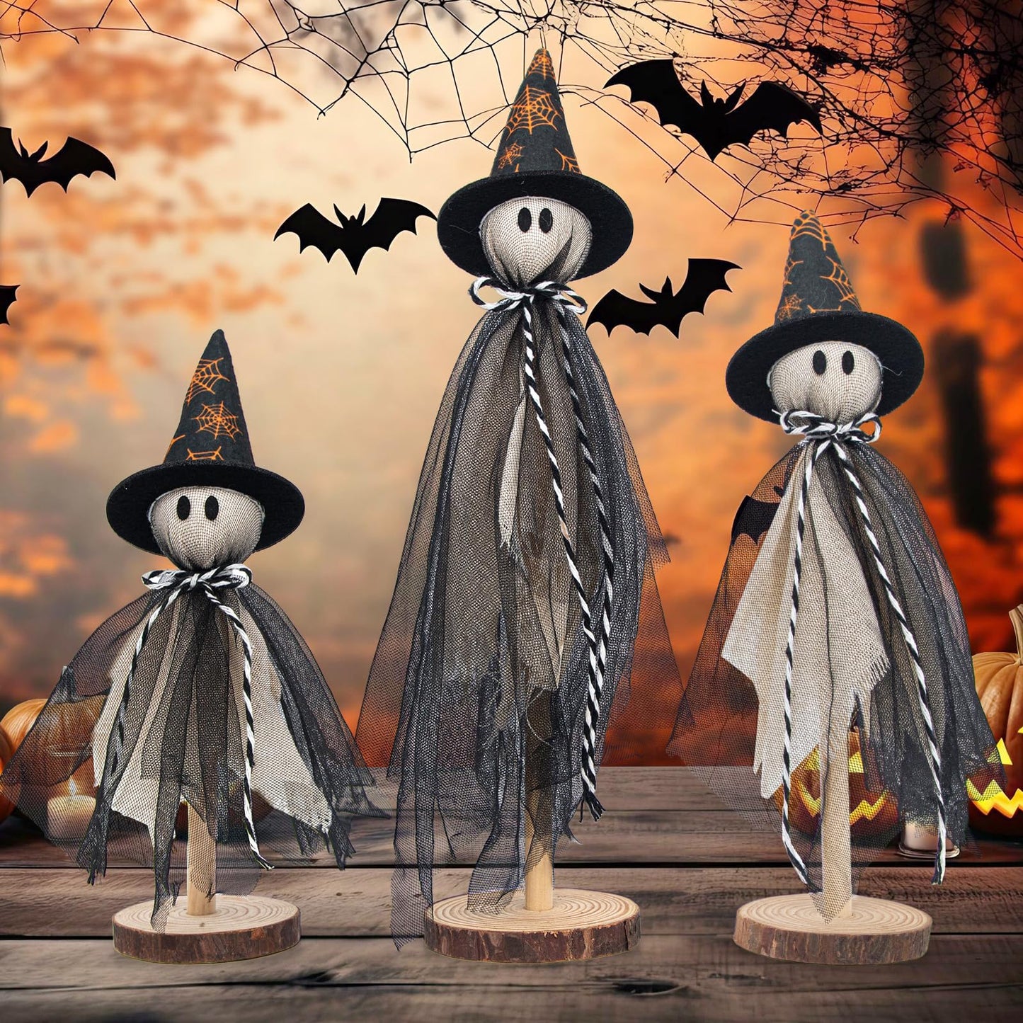 Halloween Decorations Ghost Shelf Sitters – Set of 3 Wooden Halloween decor with Witch Hats – Fabric Ghost Figures with Spiderweb Design – Table Decor for Tiered Tray, Mantel, Party Supplies(Black)
