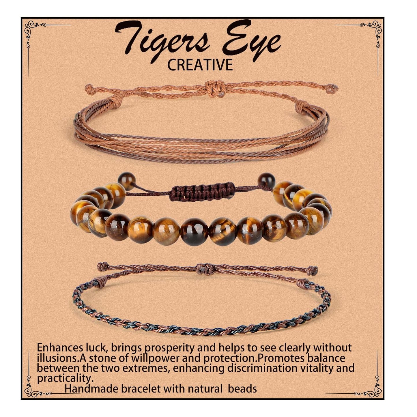 QOGIR Handmade Healing Bracelet,8mm Natural Yellow Tiger Gem Stone Beads Bracelet,for Men Women Gifts with 2PCS Size Adjustable Rope Bracelets