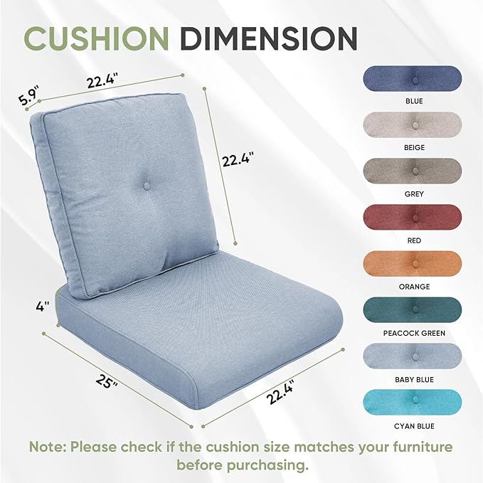 Outdoor Chair Cushion Set, 25 x 22 Deep Seat Cushion, Patio Chair Cushions for Outdoor, Include 1 Seat Cushion and 1 Back Cushion, Baby Blue