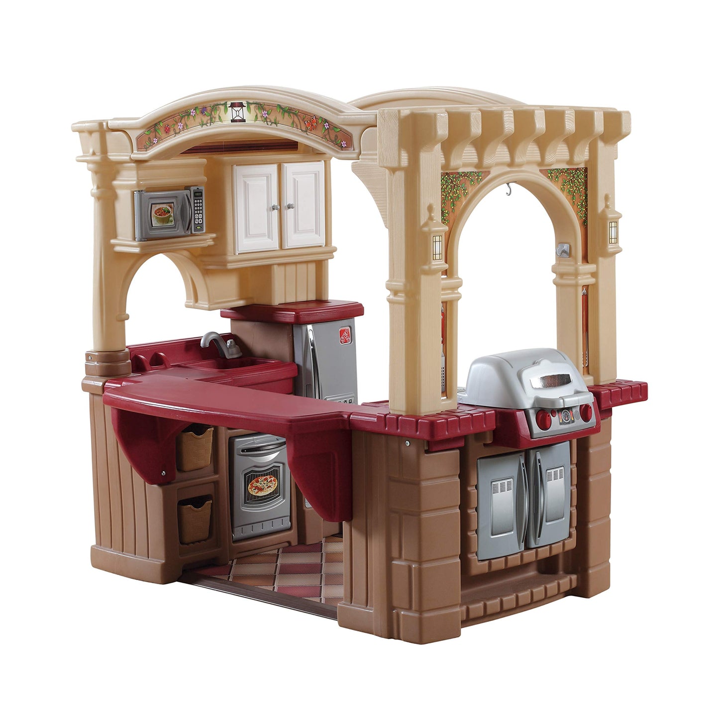 Step2 Grand Walk-In Kitchen & Grill Kids Playset, Indoor/Outdoor Kitchenette, Interactive Play with Lights and Sounds, Durable Plastic, 103 Piece Toy Accessories, Toddlers 2+ Years Old, Brown/Tan