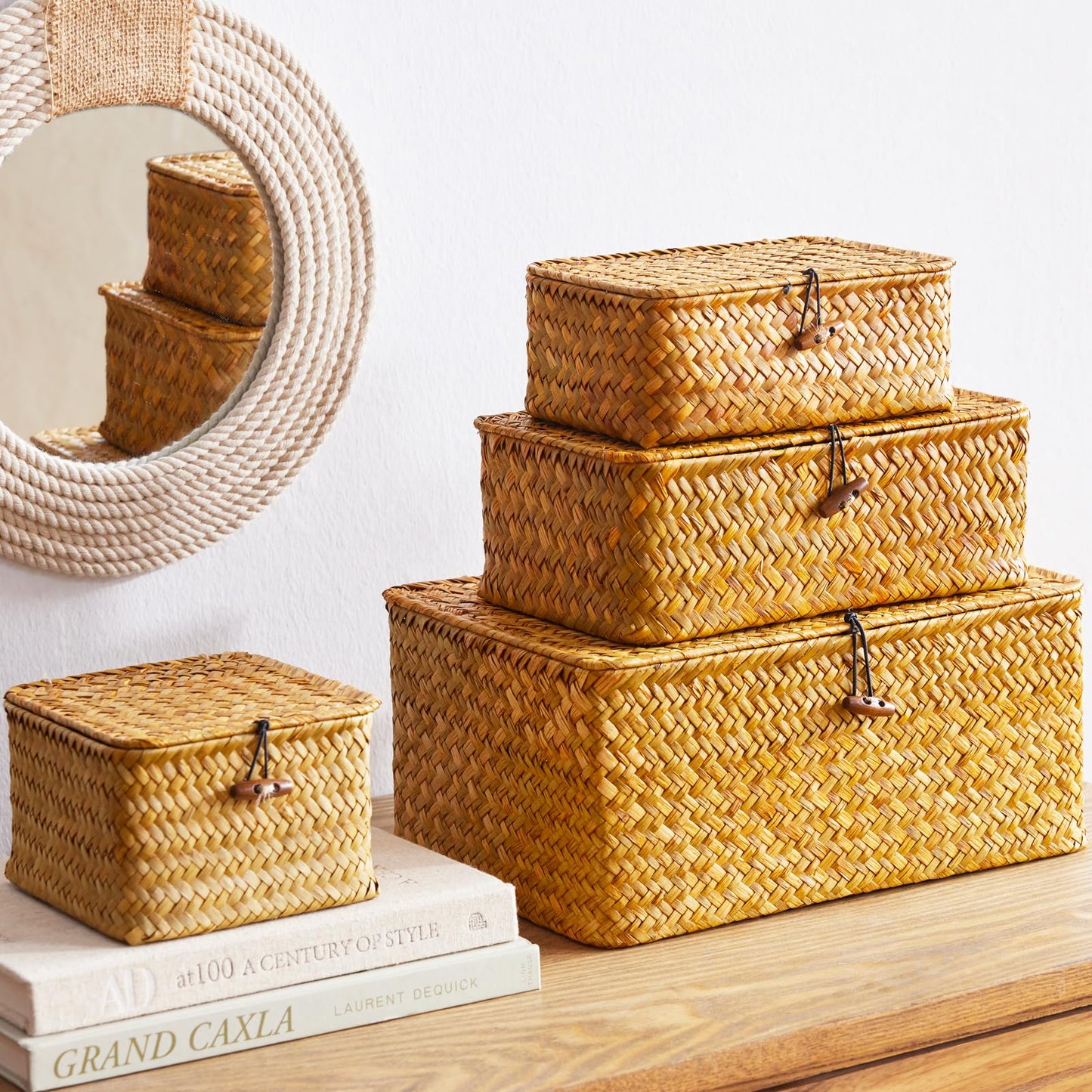 EugroVanth Wicker Storage Box with Lid, Handwoven Baskets for Storage, Rectangle Decorative Baskets Bins Container for Shelf Organizing Home, Set of 3, Natural