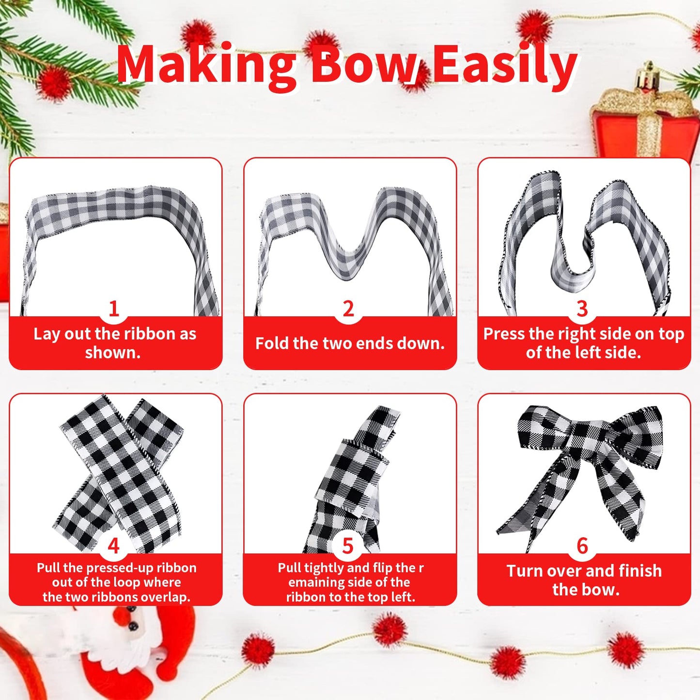 MuRealy Wreath Ribbon Assortment (4 Rolls x 20 Yards) - 2.5 Inch Wired Polyester | Black Stripes, Classic Plaid & Dots - Shedding-Free for Crafts, Gifts, Holiday Decor
