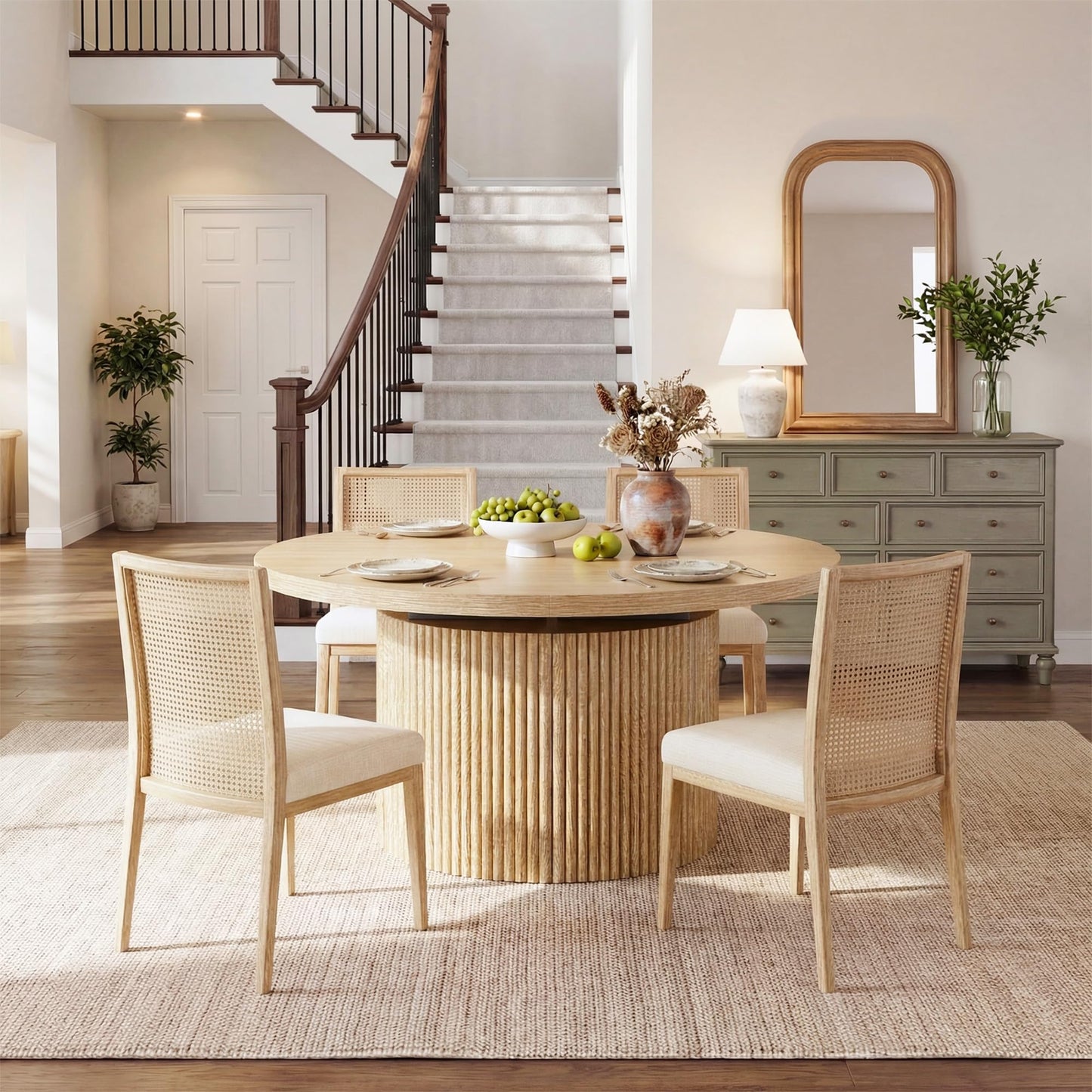 HUAHUU Extendable Round Dining Table for 4-8, 39in-77in Long Large Kitchen Table with Fluted Base, Space Saving Modern Farmhouse Oval Dinner Tables for Dining Room, Kitchen, Living Room, Natural