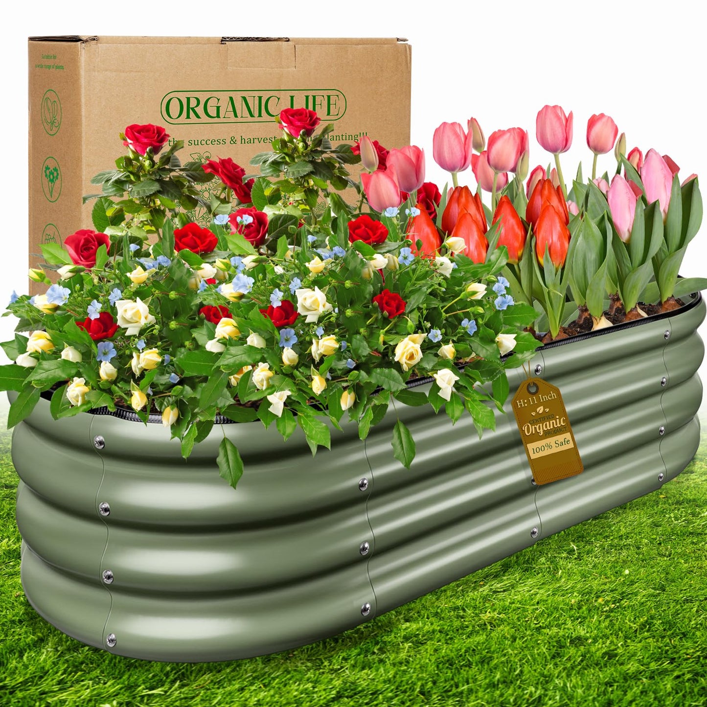 Angooni Olive Green 4x2x0.9ft Raised Garden Bed, Deep Metal Garden Bed, Large Galvanized Raised Garden Beds Outdoor, Raised Planter Box Kit for Vegetables, Flowers, Fruits