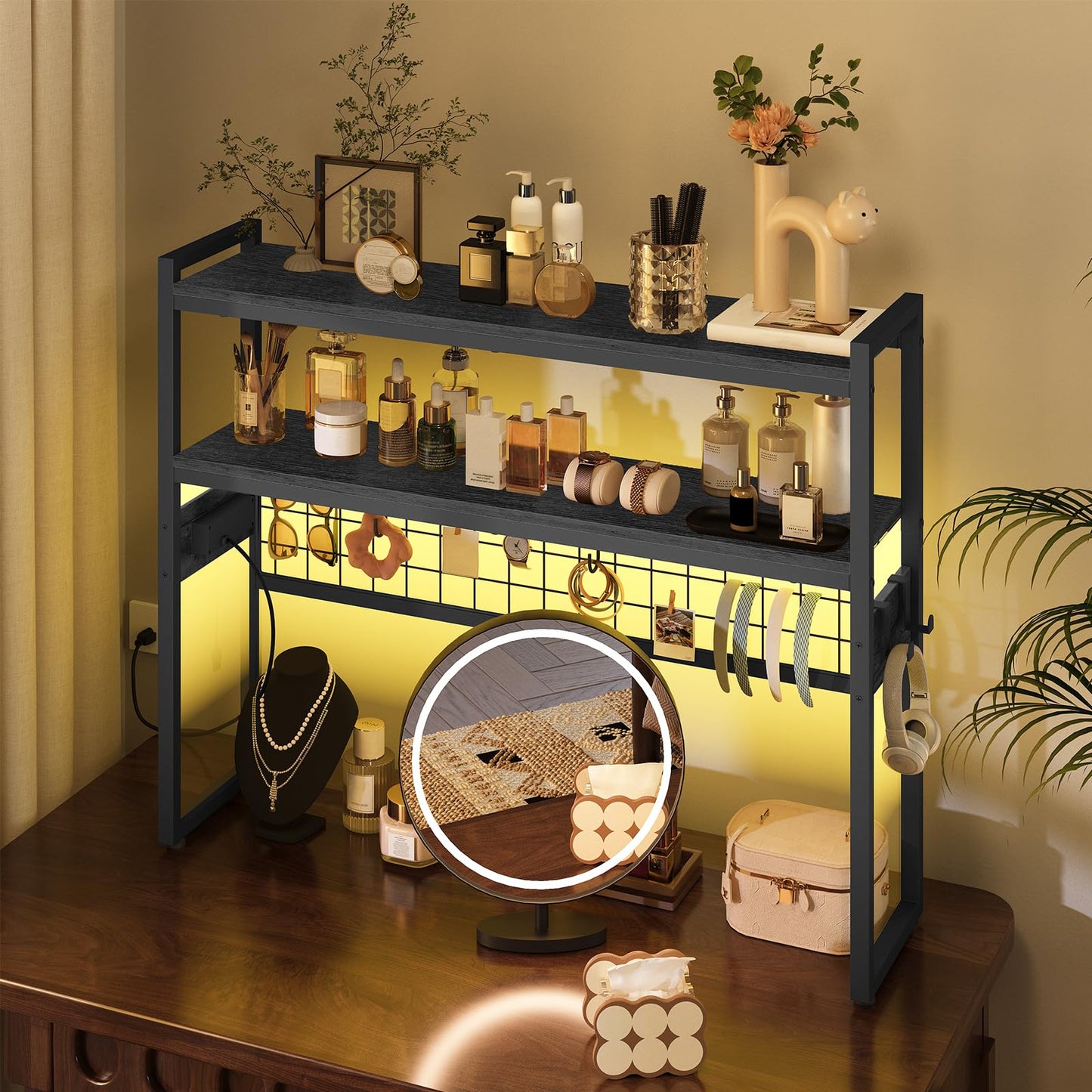 HOOBRO Desktop Bookcase, 37.4" Large Desk Shelf, 2-Tier Desktop Organizer, Wooden Office Storage Rack with Outlets, Display Shelf Rack with Light Strip, Desk Hutch for Office, Black BB13UDSJ01
