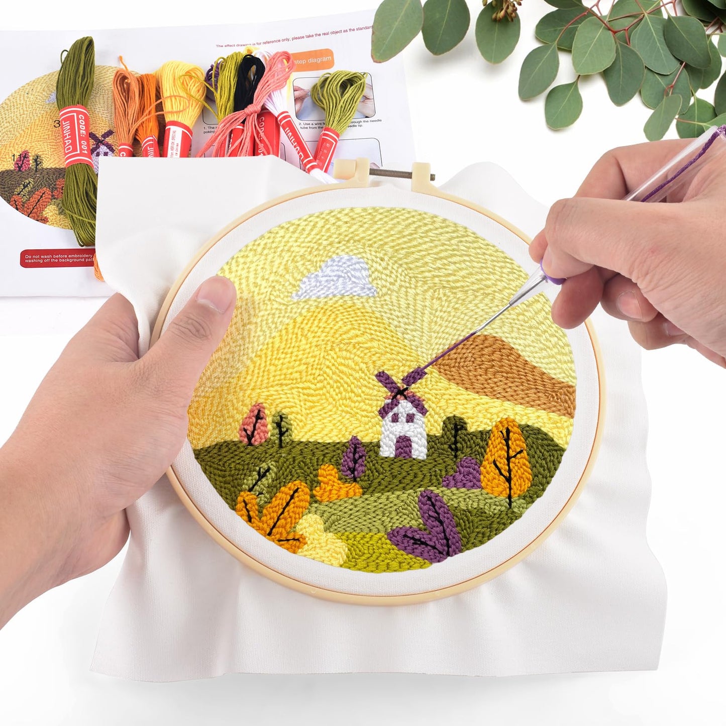 ERKOON Punch Needle Kit Adults Beginners, DIY Easy Landscapes Embroidery Set for Starter Art Craft, Needling Punch Project with Patterns, Tools, Yarns, Hoop, Instruction (Fall)
