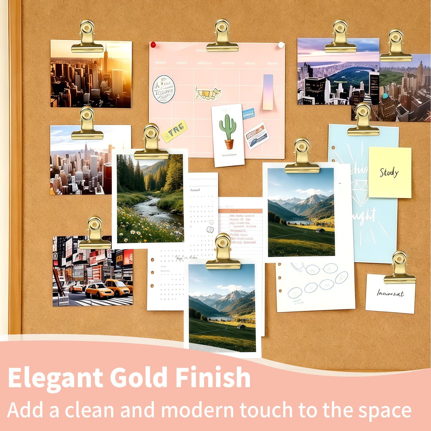 VYNFLICK Gold Push Pin Clips - 40 Pack Thumb Tacks with Metal Clips for Cork Board Bulletin Board, No Hole Paper Clips for Photos Notes Documents, Decorative Office School Supplies