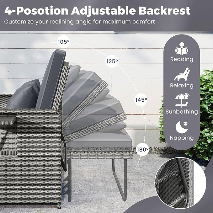 HAPPYGRILL Patio Rattan Wicker Daybed with Loveseat & Storage Ottoman, Outdoor Lounge Sofa Furniture Set with Adjustable Backrest & Side Trays, for Poolside Deck Porch Lawn (Mix Grey & Grey)